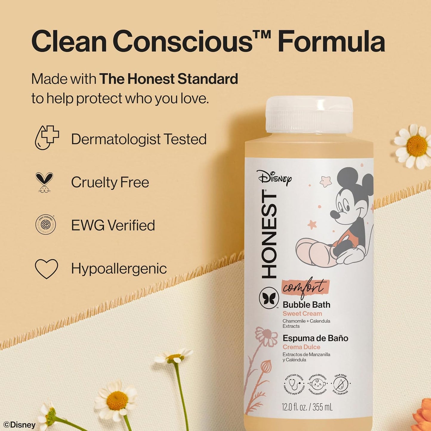 The Honest Company Foaming Bubble Bath Gentle Enough for Baby Dermatologist Tested Tear-Free Hypoallergenic Disney’s Mickey Mouse Comfort Sweet Cream 12 fl oz