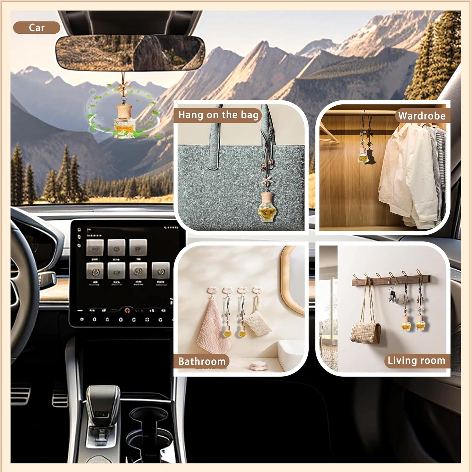 6 Pack Leak-Proof Hanging Car Diffuser - 8ml Refillable Empty Bottles with Wood Caps, 3 Funnels & 2 Droppers - Essential Oil Air Freshener for Car, Home or Office (6, Camellia)