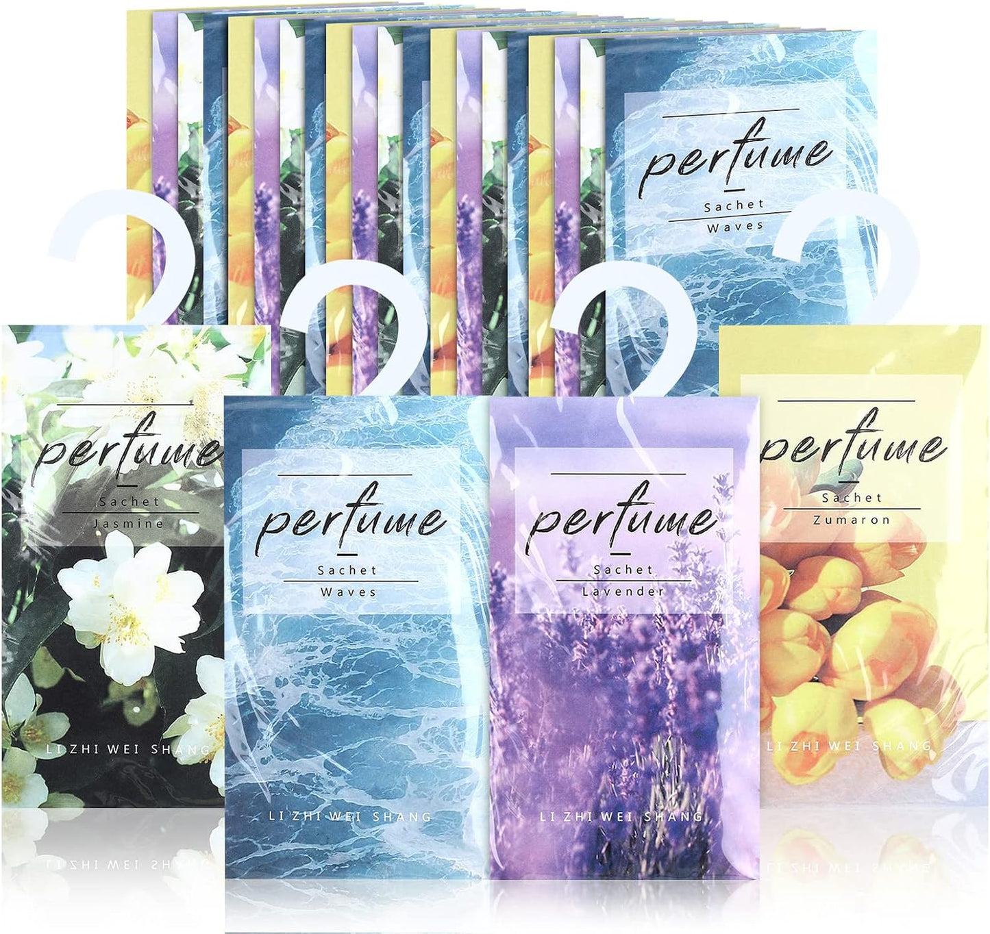 24 Pcs Large Hanging Closet Deodorizer Air Freshener Scented Sachets for Drawers and Closets Long Lasting Lavender Sachet Bags Drawer Freshener for Clothes (Lavender, Jasmine, Waves, Tulip)