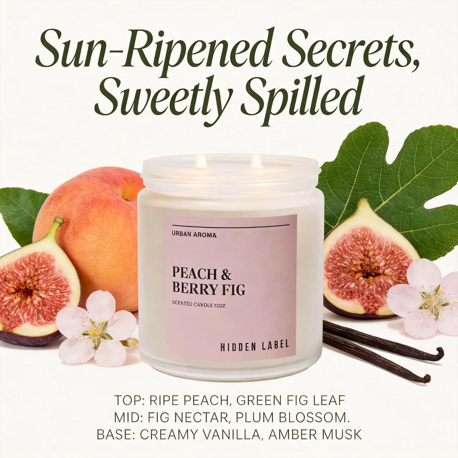 Hidden Label Peach Berry Fig Soy Candle, 12oz 2-Wick, 70H Fruity Warmth | Non-Toxic Natural Wax, Paraben & Phthalate-Free, Clean Burn | Elegant Home Decor & Gift-Ready | Stress Relief & Mood Uplift