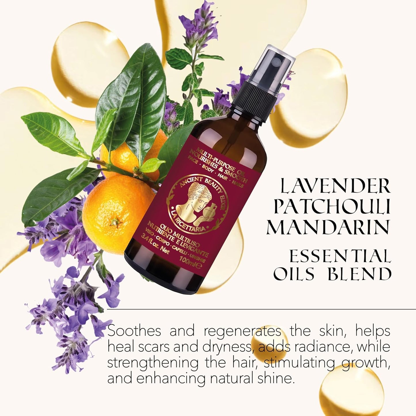 Made in Italy Natural Organic Body Oil, Hydrating After-Shower Oil & Face Moisturizer, Nail Care with Apricot, Sweet Almond, Olive, and Vitamin E Oils, Skincare for Dry Skin