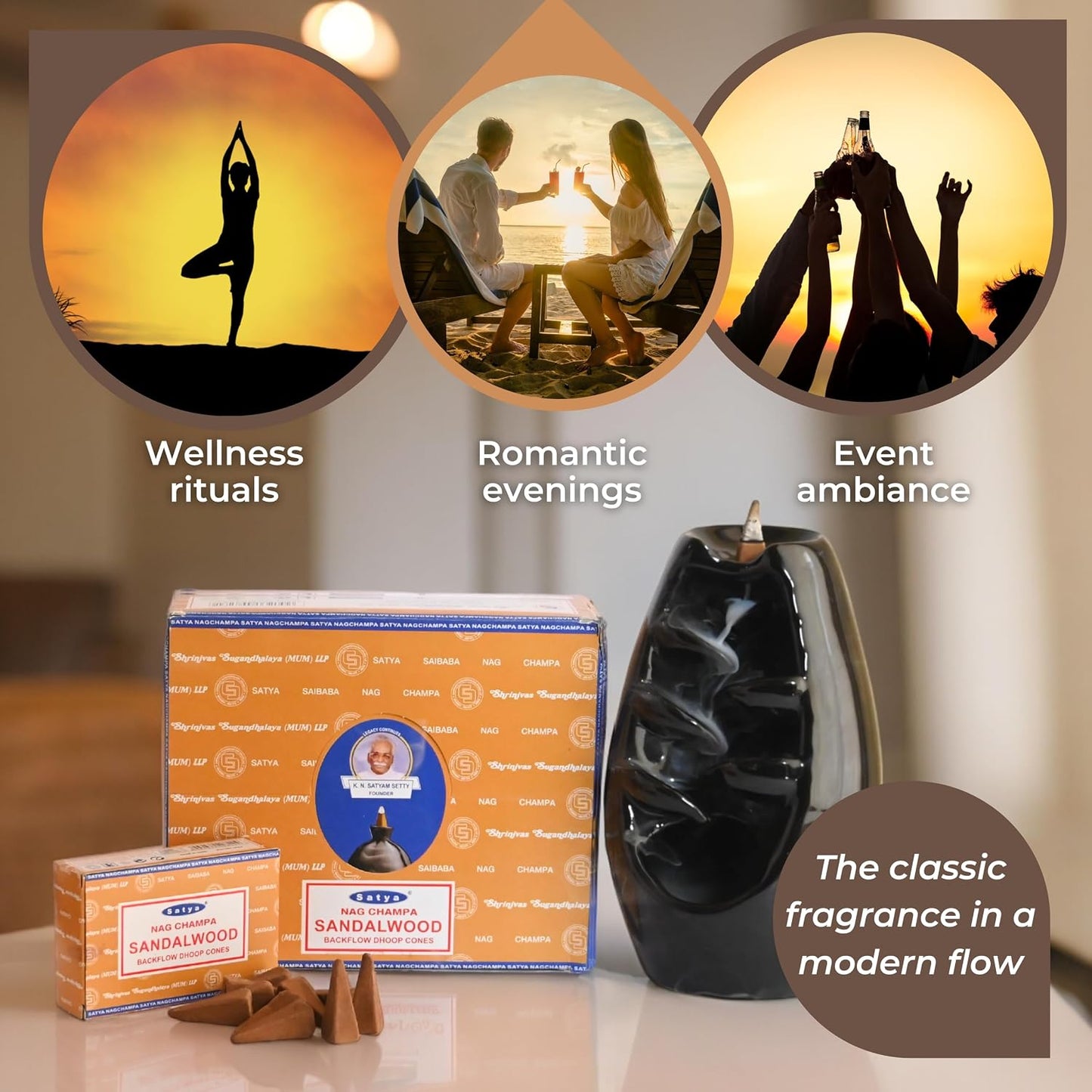 Sandalwood Backflow Incense Cones for Waterfall Aromatic Smoke Fountain Haze Falls and Mat Bundle - Pack of 12