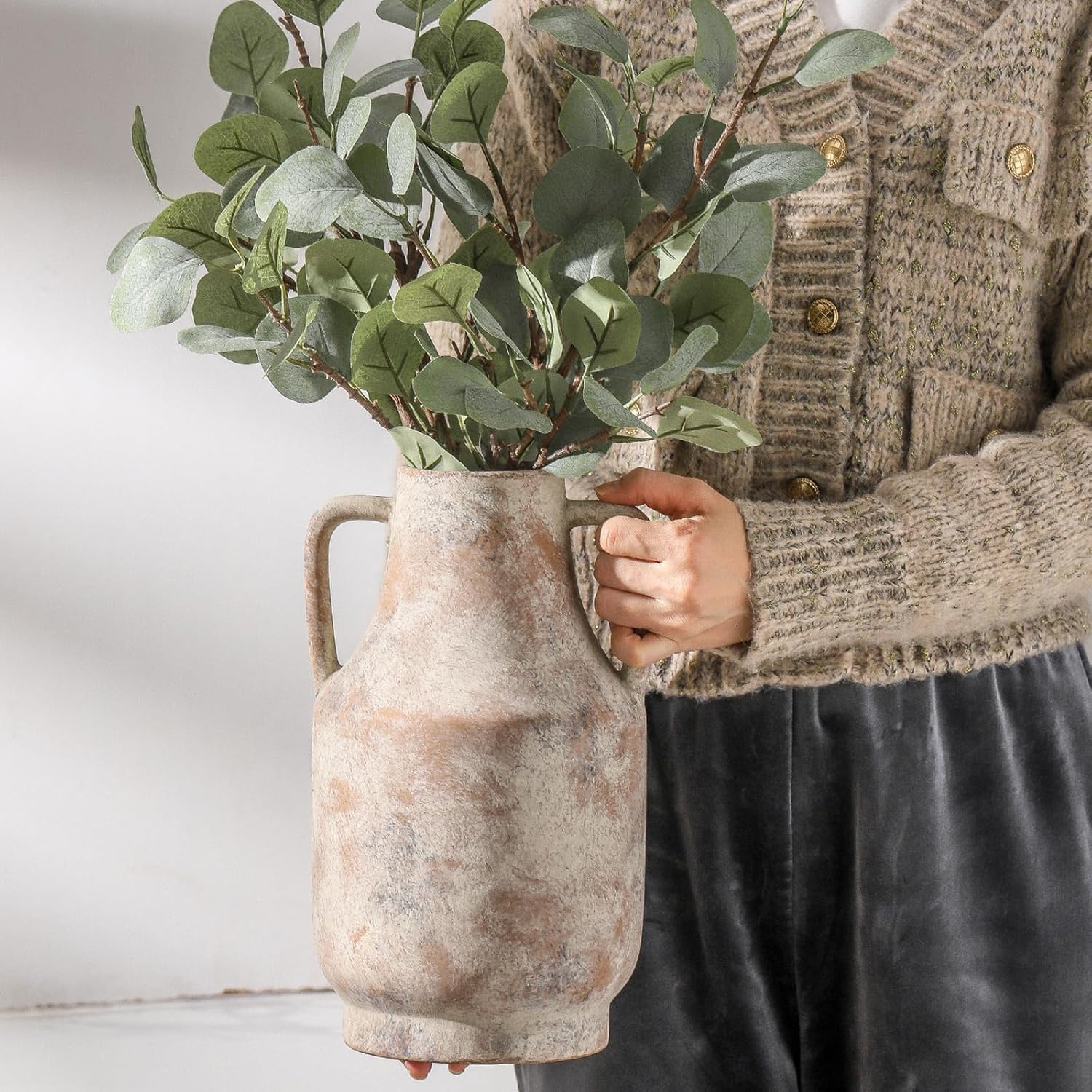 Ceramic Flower Vase with Handles, 11 inch Tall Vase for Centerpieces, Large Decorative Terracotta Vases, Farmhouse Rustic Vases for Home Decor, Living Room, Table, Neutral