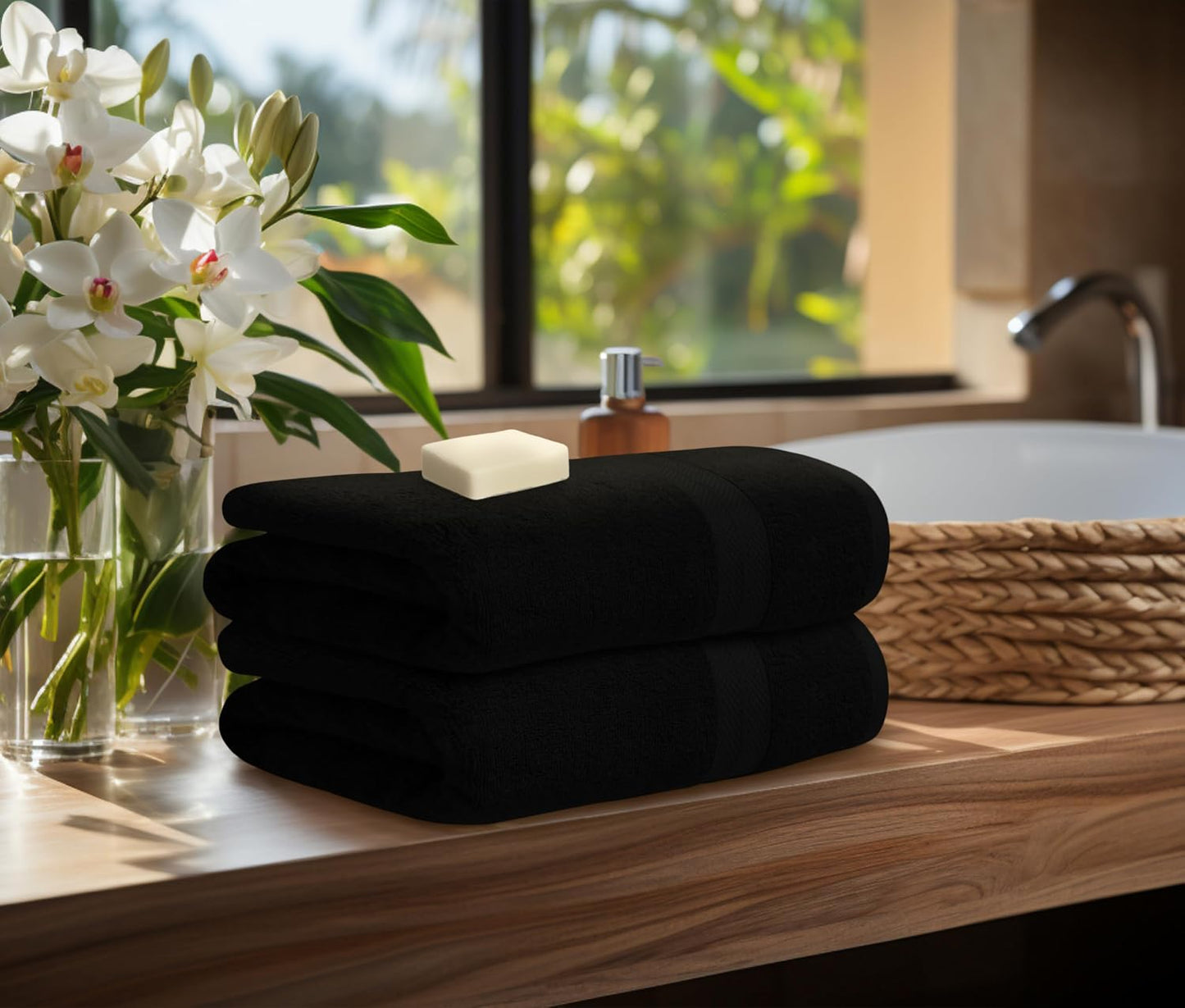 Avalon Towels Luxury 8 Piece Black Towels Set, 2 Bath Towels, 2 Hand Towels and 4 Washcloths, 600 GSM 100% Ring Spun Cotton Highly Absorbent Black Bathroom Towels, Ideal for Hotel, Spa and Gym