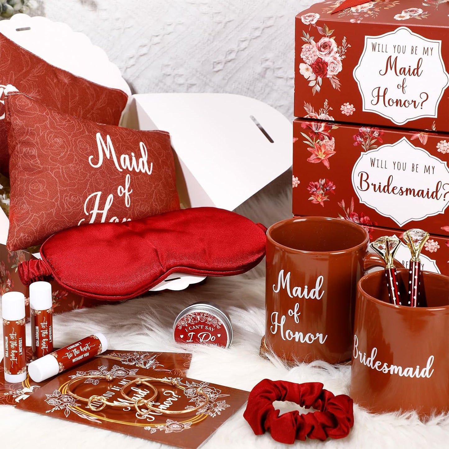 SiliFine 60 Pcs Bridesmaid Proposal Gifts Maid of Honor Gifts with Box Mug Makeup Bag Candle Lip Balm Scrunchies Pen Bracelet Eye Mask Card for Bridal Shower Bachelorette Party Wedding(Terracotta)