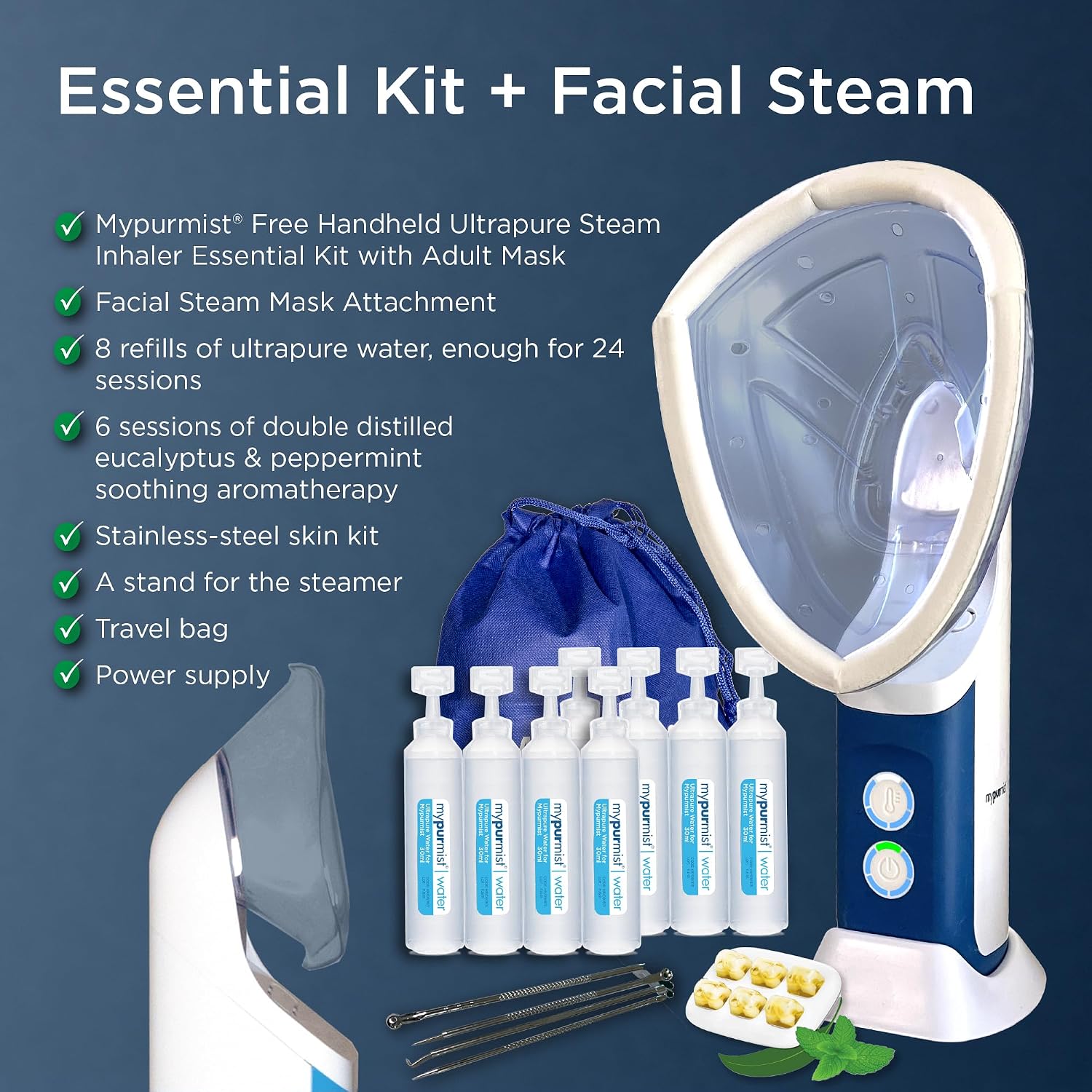 Mypurmist® Essential Kit Plus Facial Steam - Steam Inhaler & Facial Steamer Combo, Personal Handheld Steam - Sinus Congestion Cold Cough Relief Vocal Care Skincare (Plug-in)