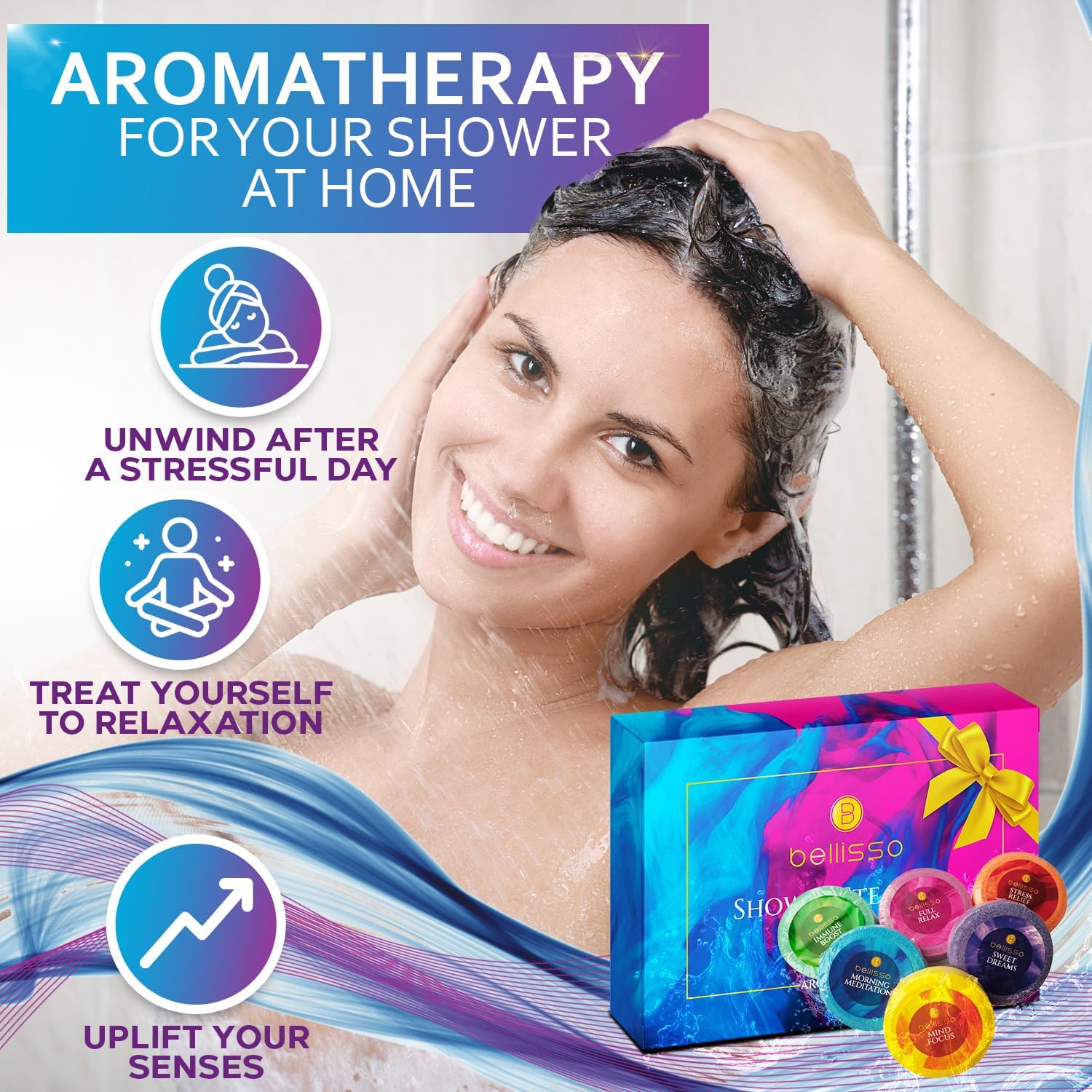 Aromatherapy Shower Steamers Gift Set, Six Fizzies - Uplifting, Relaxing, Stress Relief Scents for Women and Men - Self Care Home Spa Experience - Christmas Day Stocking Stuffers and Relaxation Gifts