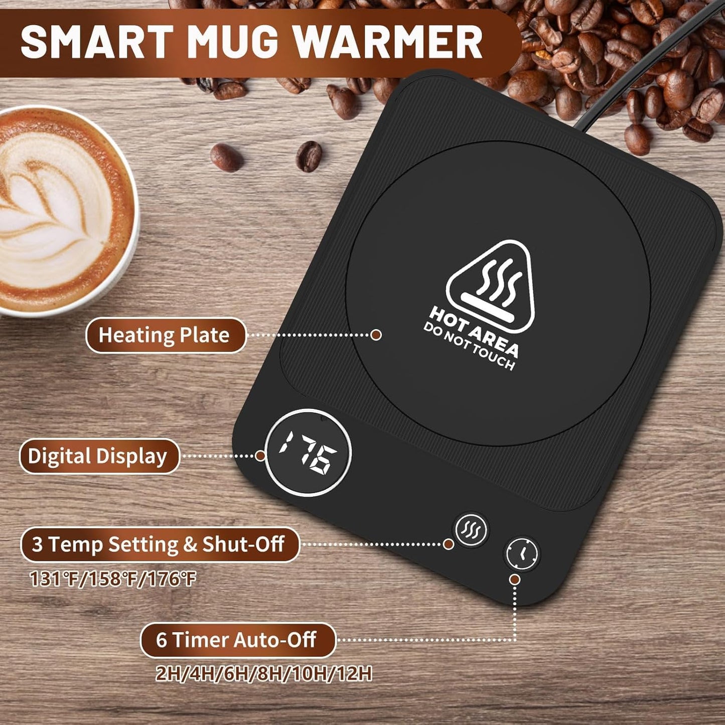 Mug Warmer, Electric Coffee Warmer with 3 Temp Settings, 2-12H Auto-Shutoff Coffee Mug Warmer for Home/Office Desk, Smart Cup Warmer for Milk Tea/Hot Drinks, Candle Warmer Plate (No Cup Included)
