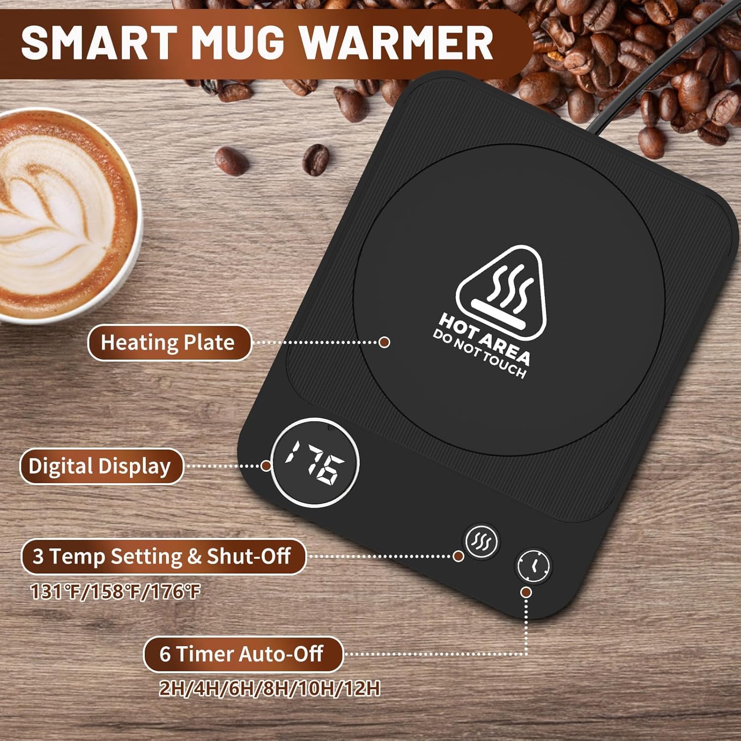 Mug Warmer, Electric Coffee Warmer with 3 Temp Settings, 2-12H Auto-Shutoff Coffee Mug Warmer for Home/Office Desk, Smart Cup Warmer for Milk Tea/Hot Drinks, Candle Warmer Plate (No Cup Included)