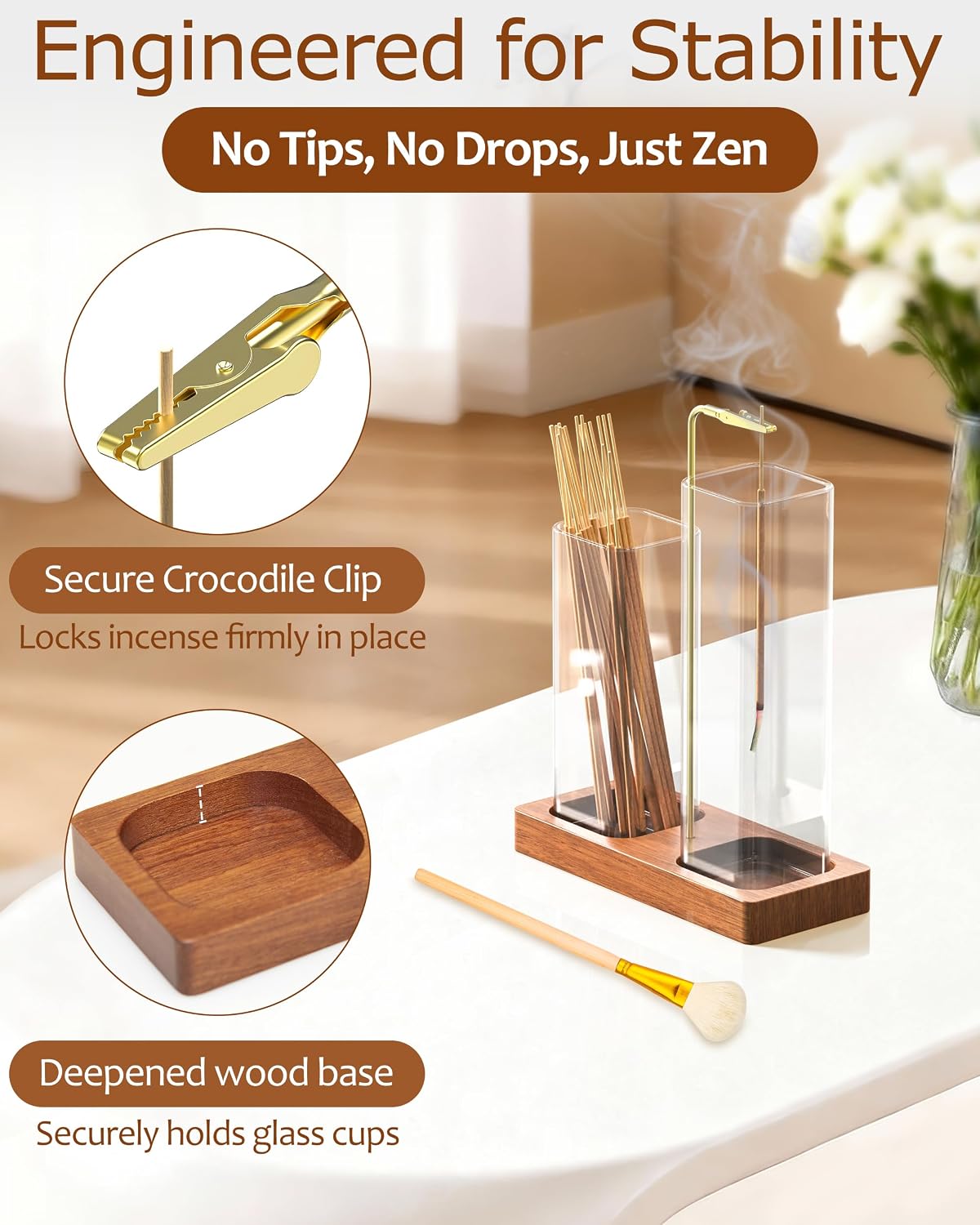 2 in 1 Incense Holder with Glass Jars, Large Incense Holder for Sticks, Upside Down Incense Burner with Ash Catcher &amp; Storage for Meditation Yoga Spa Home Decor - 20 Incense Sticks &amp; Brush