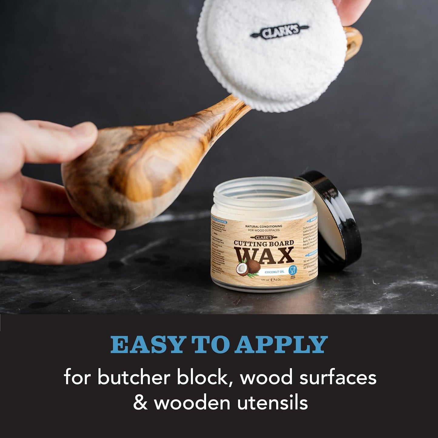 CLARK'S Cutting Board Wax - 2-in-1 Wood Butter & Organic Coconut Oil with Beeswax for Wooden Kitchen Utensils – Butcher Block Conditioner for Charcuterie & Cutting Boards – Made in USA, 6oz