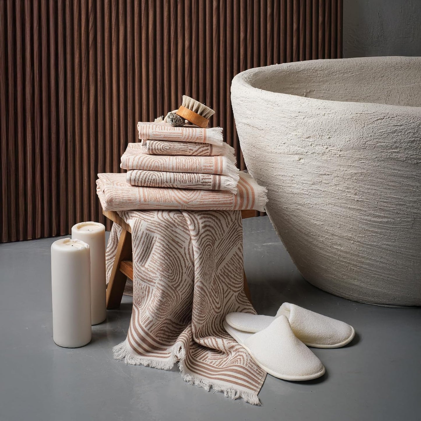 SOFE H&L | Arcana Luxury Turkish Cotton Towels Set of 6 (2 Bath Towels 2 Hand Towels 2 Wash Cloths) Macaron & Coffee | Thin Bath Towels, Durable, Absorbent - Hotel Quality Towel Sets for Bathroom