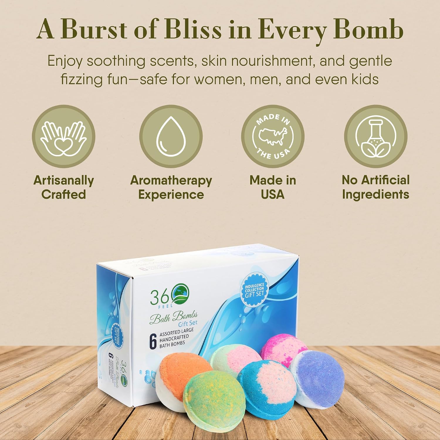 360Feel Bath Fizzies Bombs Handmade Soap Gift Essential Oil Organic All Natural Bath gifts for Men Women Set 6