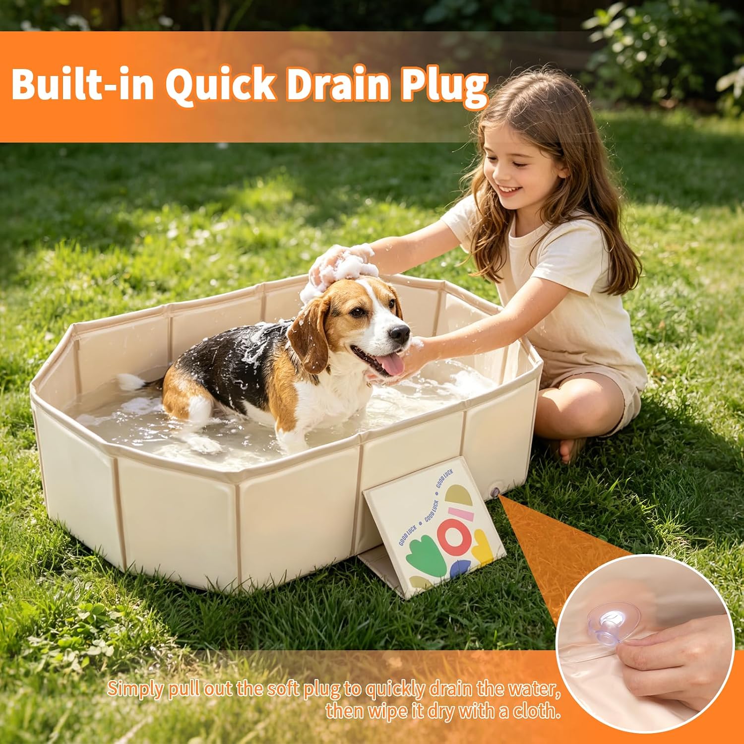 Foldable Dog Bathtub for Small to Medium Dogs & Cats, Portable Dog Tub with Drain Plug & Non-Slip PVC Bottom, Use as Shower Pet Bathtub or Puppy Pool, Fold Flat for Easy Carry & Storage (White)
