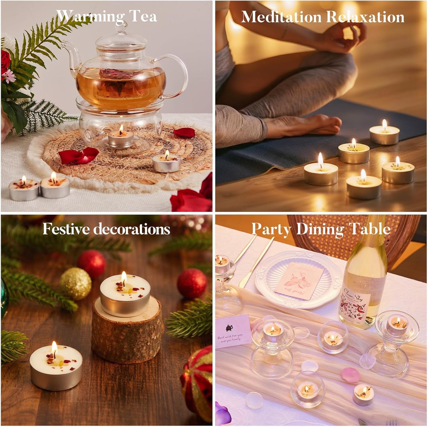 48 Pack Rose Scented Tealight Candles with Real Petals, Natural Soy Wax 6H Burn Time, Non-Toxic Smokeless Scented for Bath, Wedding, Decor