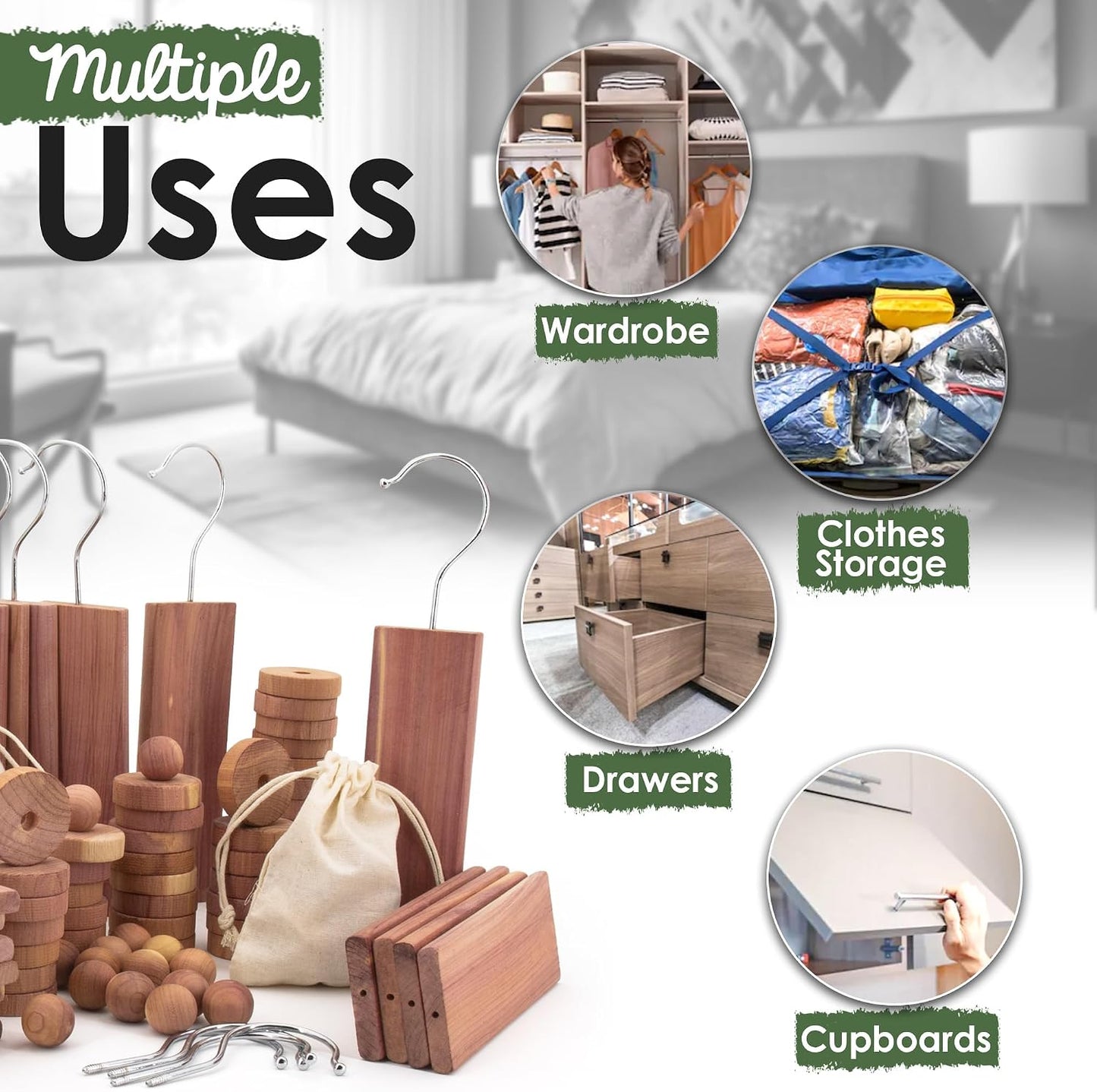 ecoKiwi Cedar Blocks for Clothes Storage Mini Bundle Box - Cedar Hangers x6, Balls x16 & Rings x12-100% Natural Oil Planks & Chips for Closets & Drawers - Aromatic Red Cedar Wood with Sandpaper
