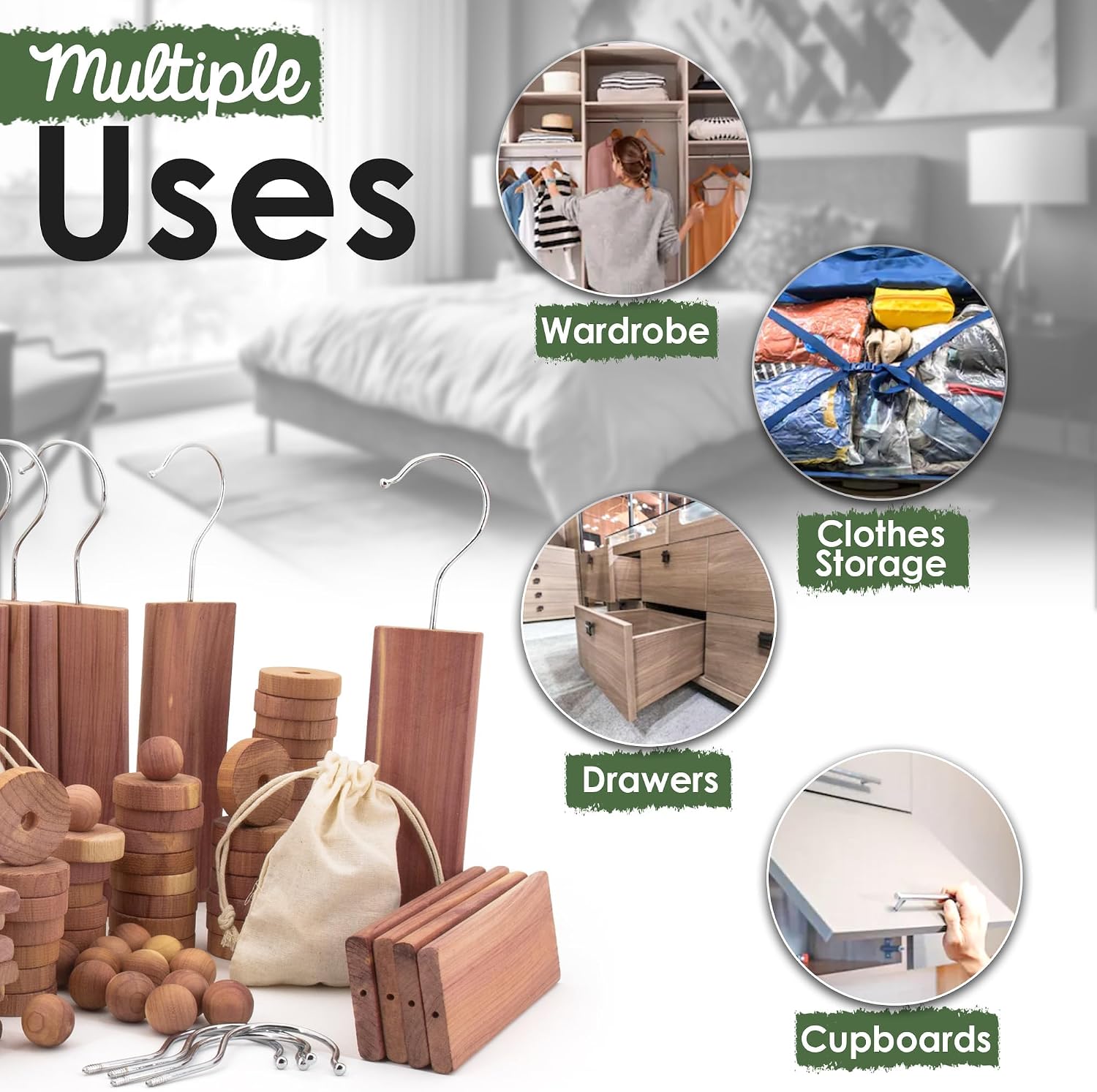ecoKiwi Cedar Blocks for Clothes Storage Mini Bundle Box - Cedar Hangers x6, Balls x16 & Rings x12-100% Natural Oil Planks & Chips for Closets & Drawers - Aromatic Red Cedar Wood with Sandpaper