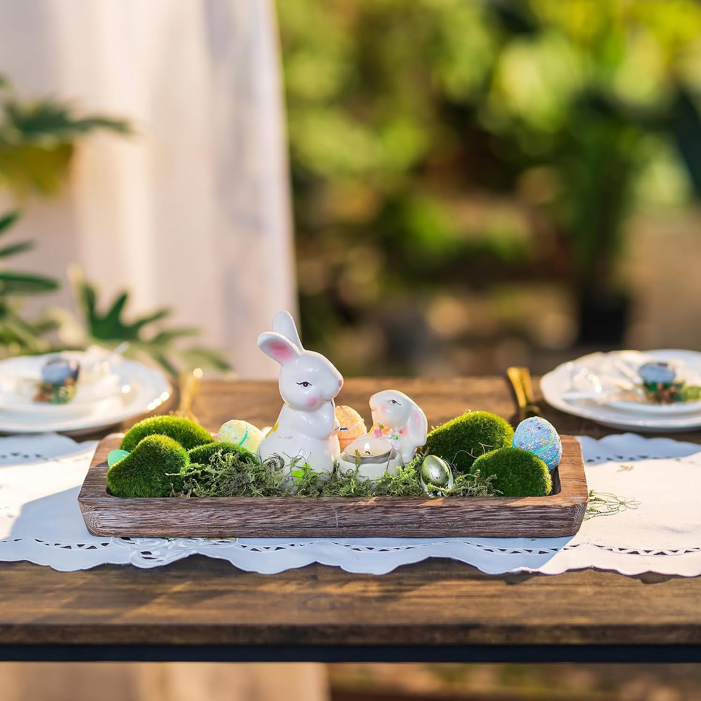 Hanobe Rustic Wood Centerpiece Tray: Decorative Tealight Candle Holders Long Farmhouse Candle Plate Wooden Table Centerpiece for Dining Room Kitchen Coffee Table Rectangular Trays Home Decor