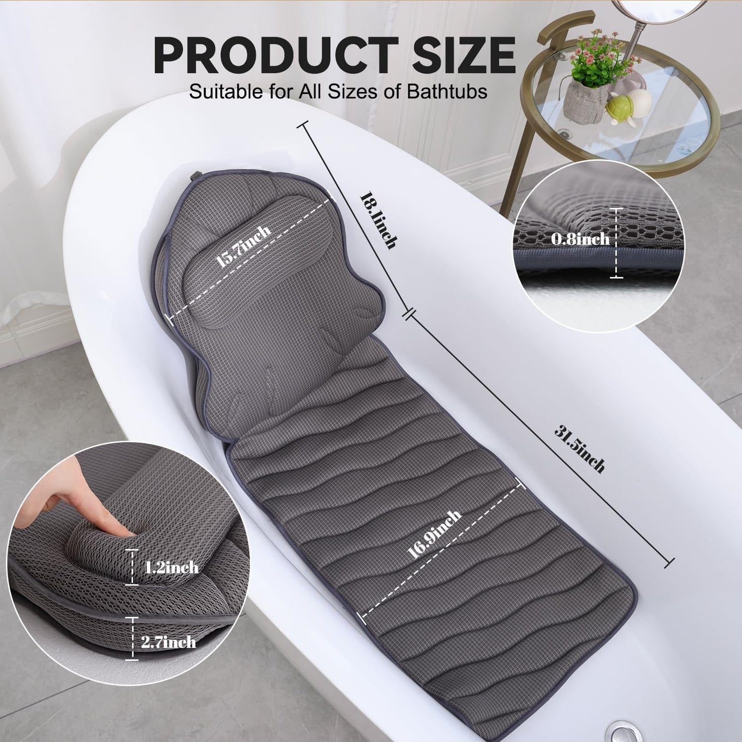 Extra Thick Full Body Bath Pillows for Bathtub- Luxury Bath Cushion for Head, Neck and Back Support, Soft Bath Pillow for Tub, Comfort Relaxation Spa Gifts Bathtub Accessories for Women