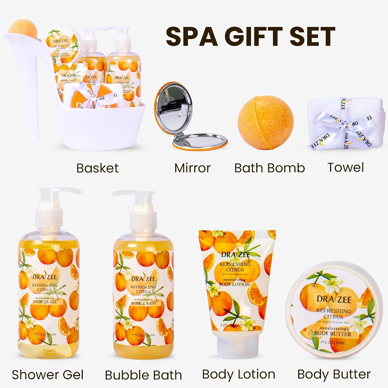 Draizee Heel Shoe Spa Gift Basket for Women, 8 Pc Citrus Scented | Gift Set, Luxury Self Care Kit for Mom, Relaxing Bath and Body Set, Home Spa Gifts for Her