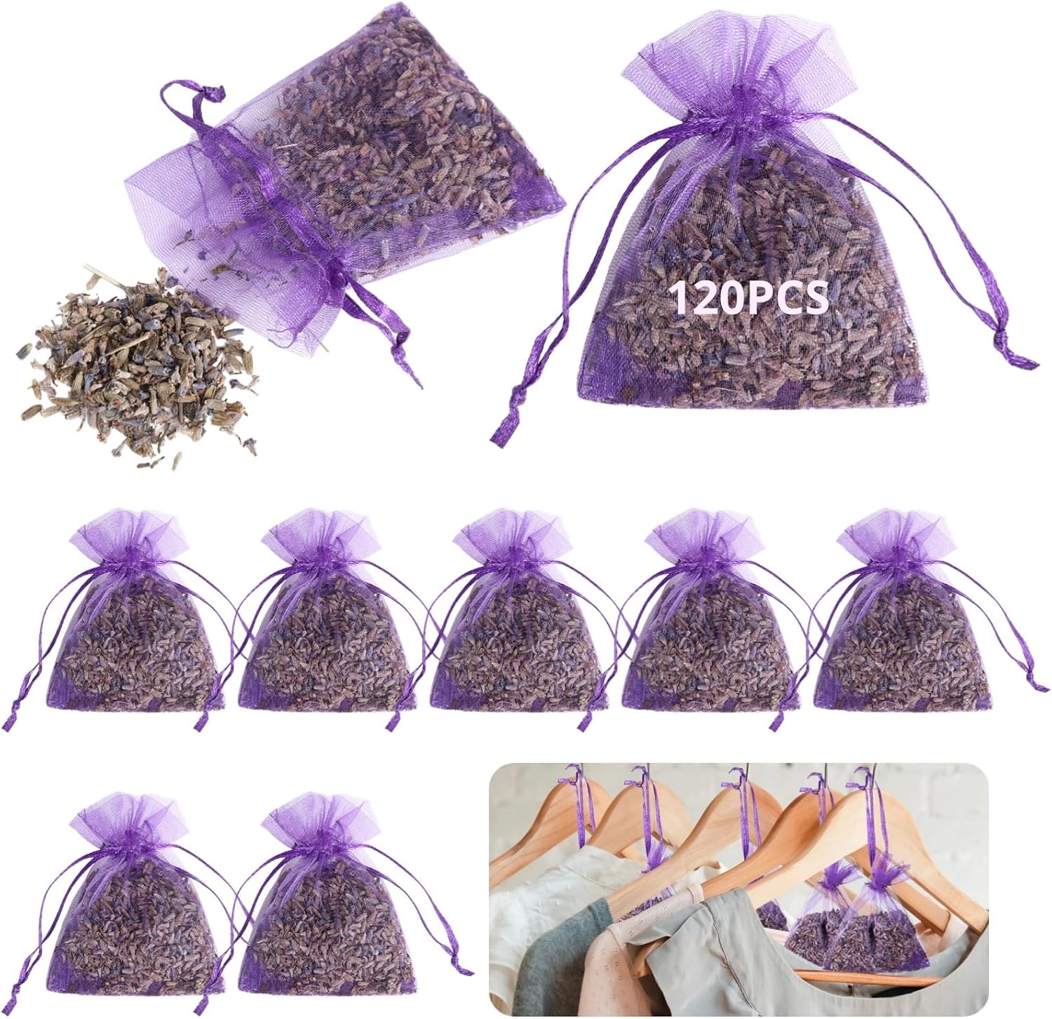 120 Pack Dried Lavender Bags, Lavender Sachet Bags for Drawers and Closets, Natural Dried Lavender Buds Bags, Lasting Fragrance Lavender Scented Sachets for Wardrobes Closet Drawer Car