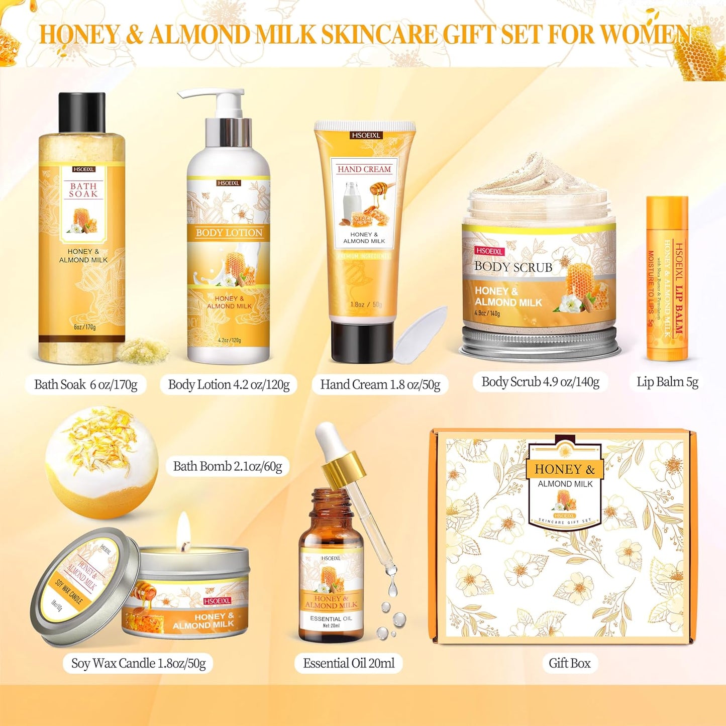 Gifts for Women, Birthday Gift for Women, 9 Pc Almond Milk & Honey Bath and Body Gifts Set, Self Care Gifts Spa Gift Basket, Relaxing Bath Sets for Mom, Girlfriend, Sister, Female Friends, Coworker