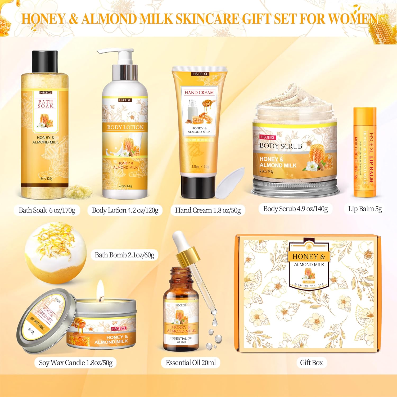 Gifts for Women, Birthday Gift for Women, 9 Pc Almond Milk & Honey Bath and Body Gifts Set, Self Care Gifts Spa Gift Basket, Relaxing Bath Sets for Mom, Girlfriend, Sister, Female Friends, Coworker