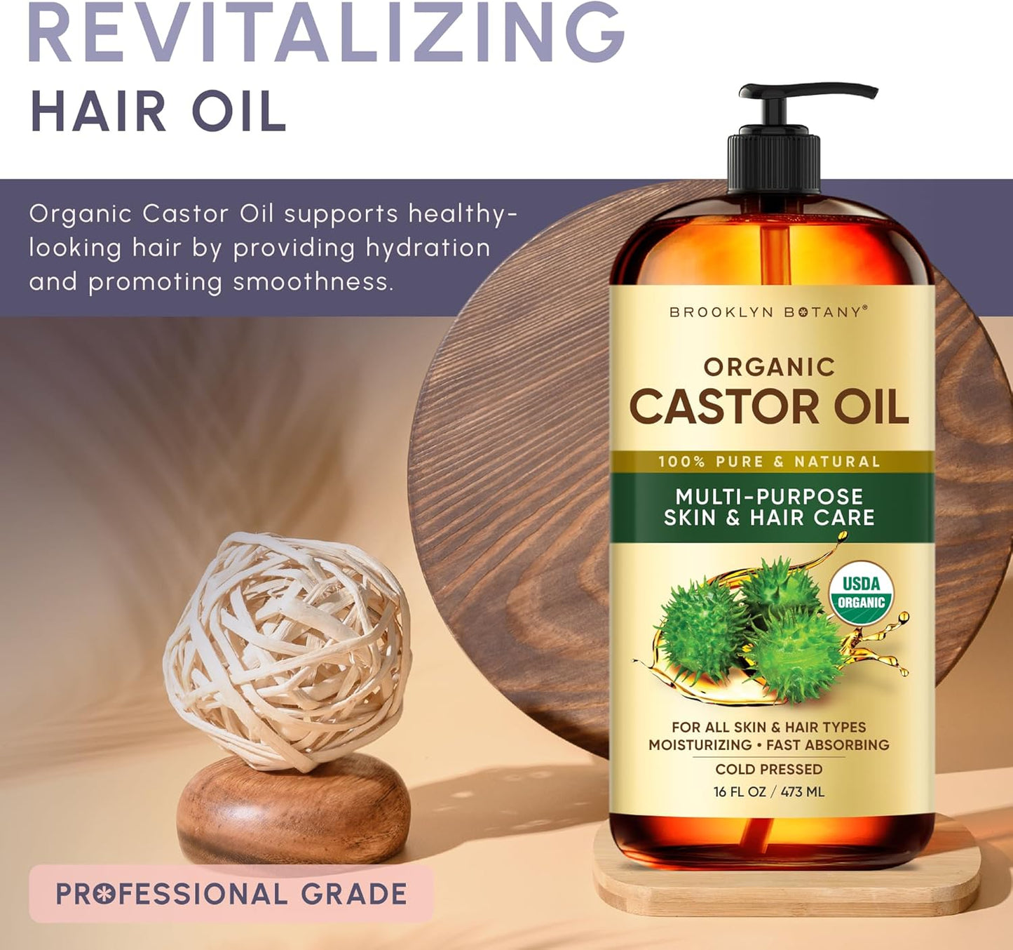 Brooklyn Botany Cold-Pressed Organic Castor Oil | 16 Fl Oz | Hair | Face | Body | 100% Pure and Natural | Carrier Oil | Aromatherapy | Massage | Ayurvedic Hair Care | Hexane-Free