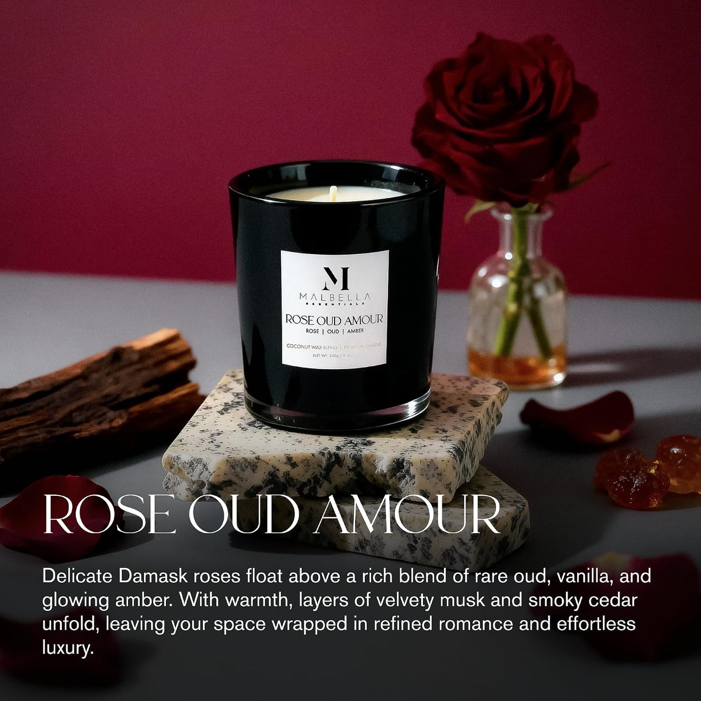 Rose Oud Amour Luxury Scented Candle for Women & Men | 8.5 oz Hand-Poured Coconut Wax Blend | Modern Self-Care Aromatherapy Candle | 50 Hr Burn | Gift-Ready Glossy Glass Vessel