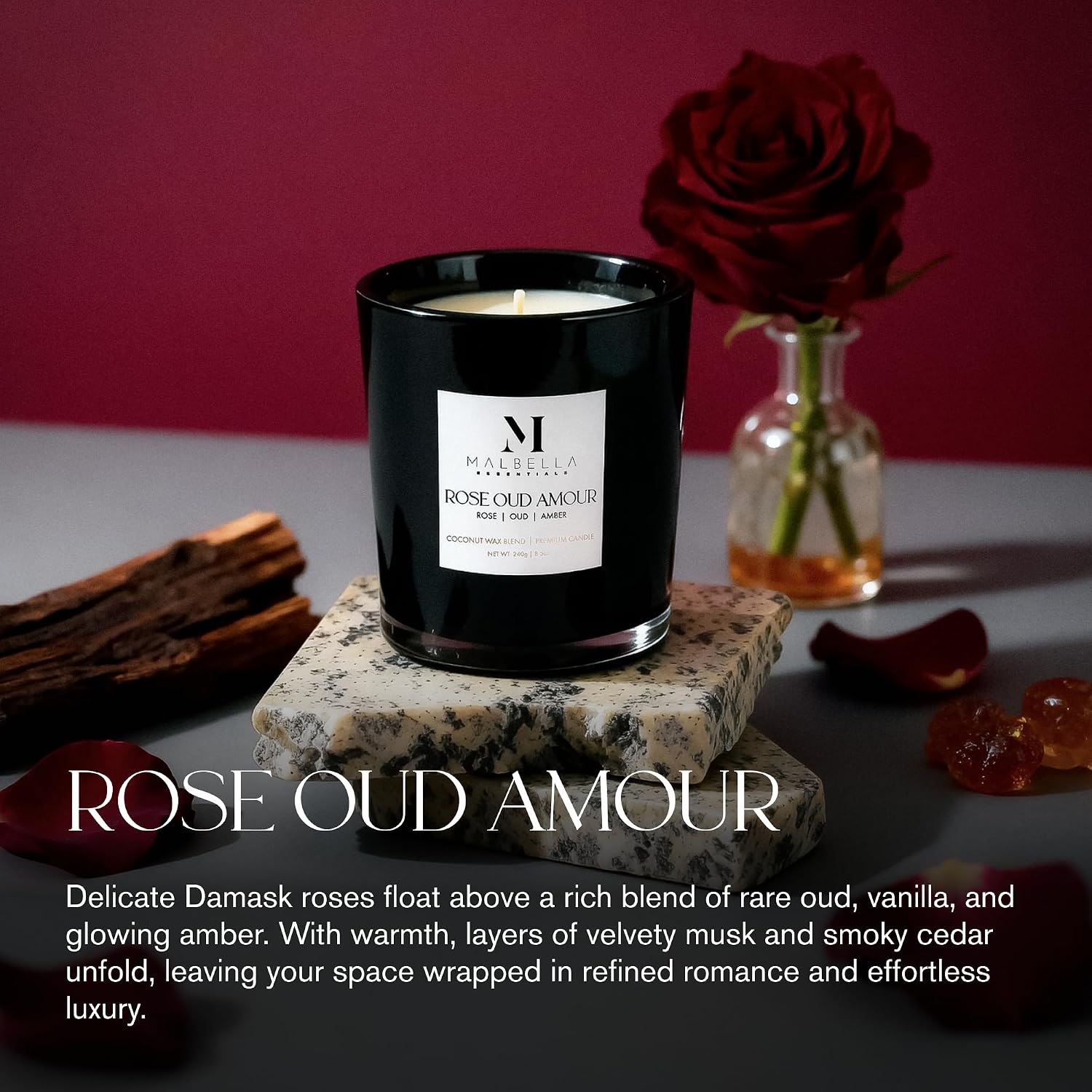 Rose Oud Amour Luxury Scented Candle for Women & Men | 8.5 oz Hand-Poured Coconut Wax Blend | Modern Self-Care Aromatherapy Candle | 50 Hr Burn | Gift-Ready Glossy Glass Vessel