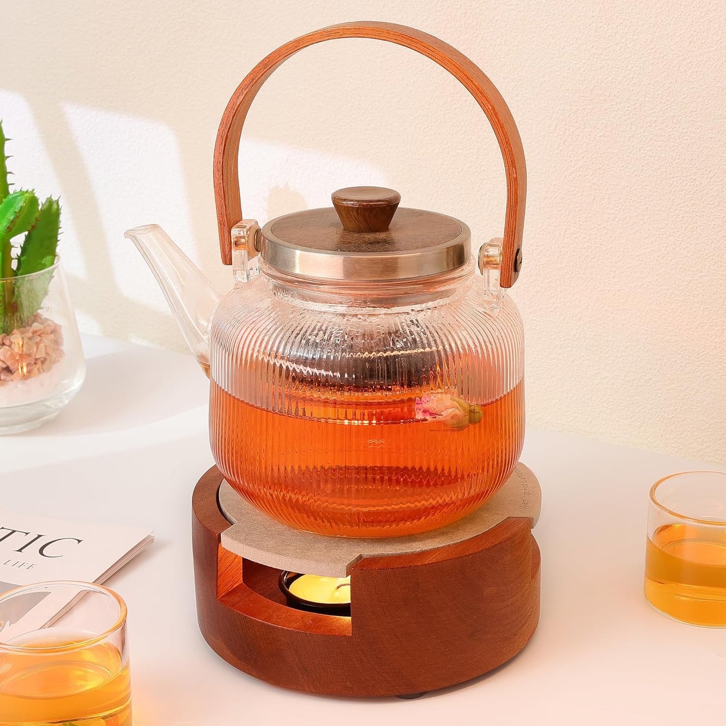 Teapot and Food Warmer, Portable Food Warmer for Camping and Traveling, Upgrade to 3 Candles to Increase The Heat, Ideal for Winter Tea Gathering