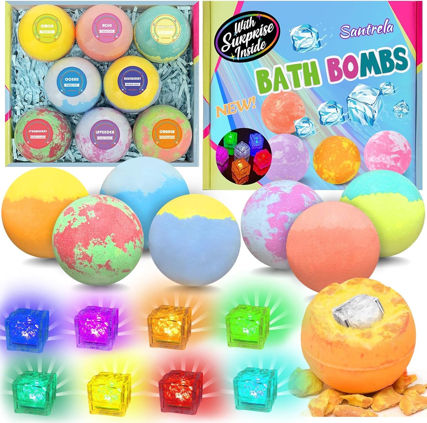 Bath Bombs for Kids with Surprise Toys Inside, 8 Pcs 3.5 Oz Light Up Bath Bombs Gift Set with Essential Oils, Handmade Spa Moisturizing for Women Relaxing, Birthday, Party, Christmas