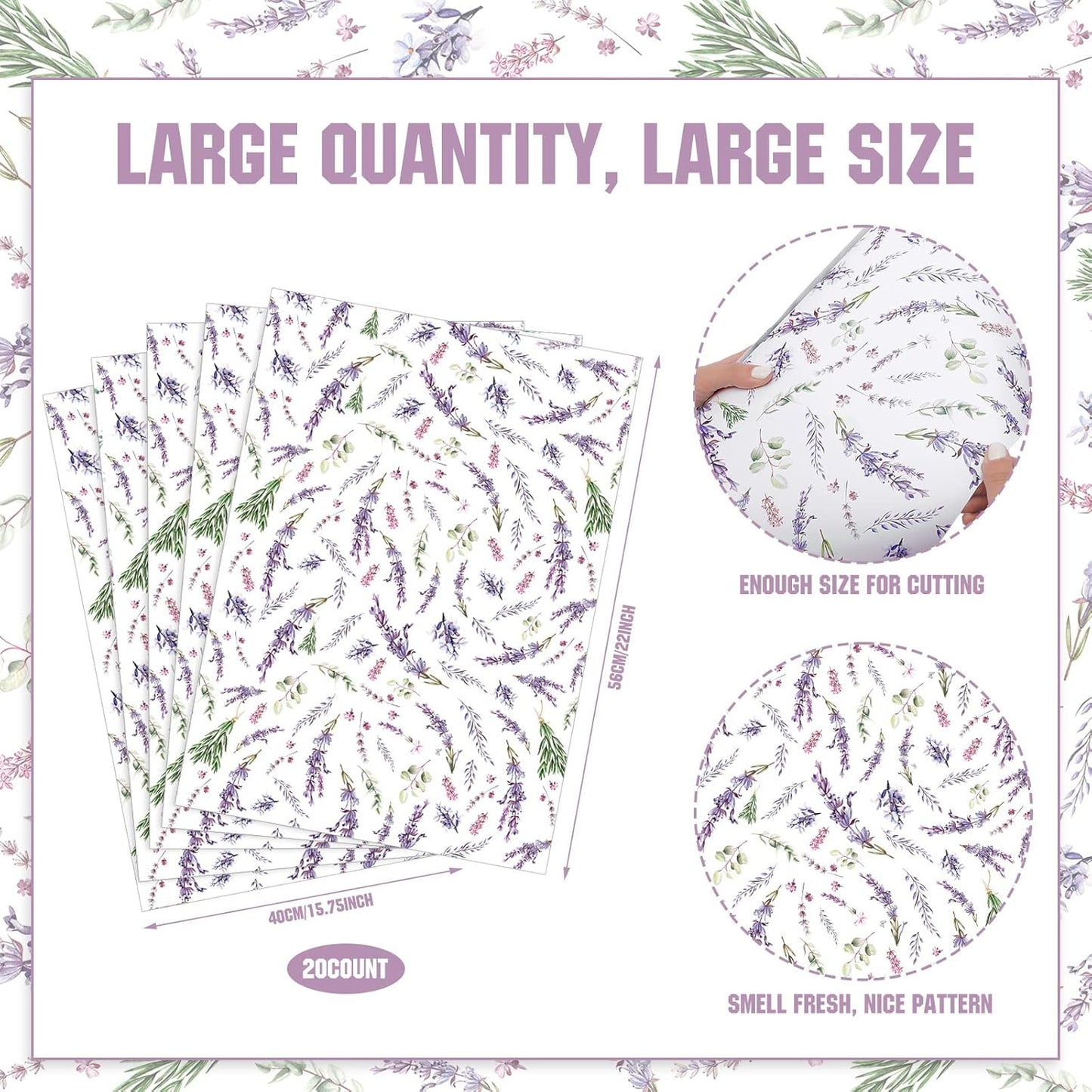 BBTO 20 Sheet Lavender Scented Drawer Liners for Dressers 15.8" x 22" Lavender Scented Fragrant Cabinet Paper Liners Non Adhesive Drawer Paper Mats for Bedroom Home Closet Shelves
