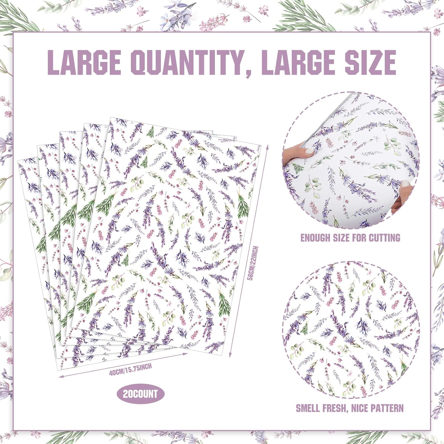 BBTO 20 Sheet Lavender Scented Drawer Liners for Dressers 15.8" x 22" Lavender Scented Fragrant Cabinet Paper Liners Non Adhesive Drawer Paper Mats for Bedroom Home Closet Shelves