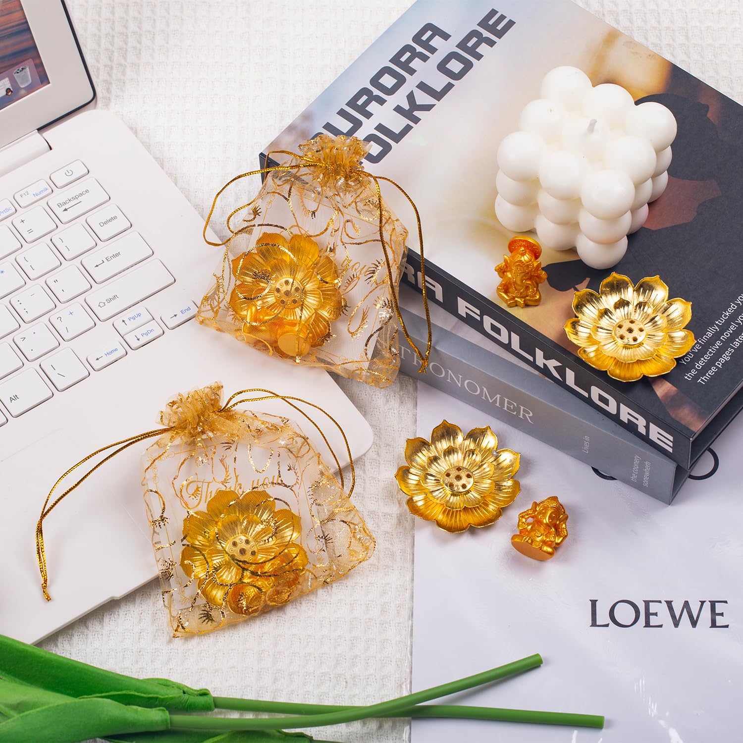 120 Pack Diwali Gifts Bulk with 30 Lotus Incense Holders, 30 Mini Golden Ganesha Ornaments, Organza Bags & Thank You Cards – Indian Return Gifts for Pooja, Festivals & Celebrations (Golden Set) (30)