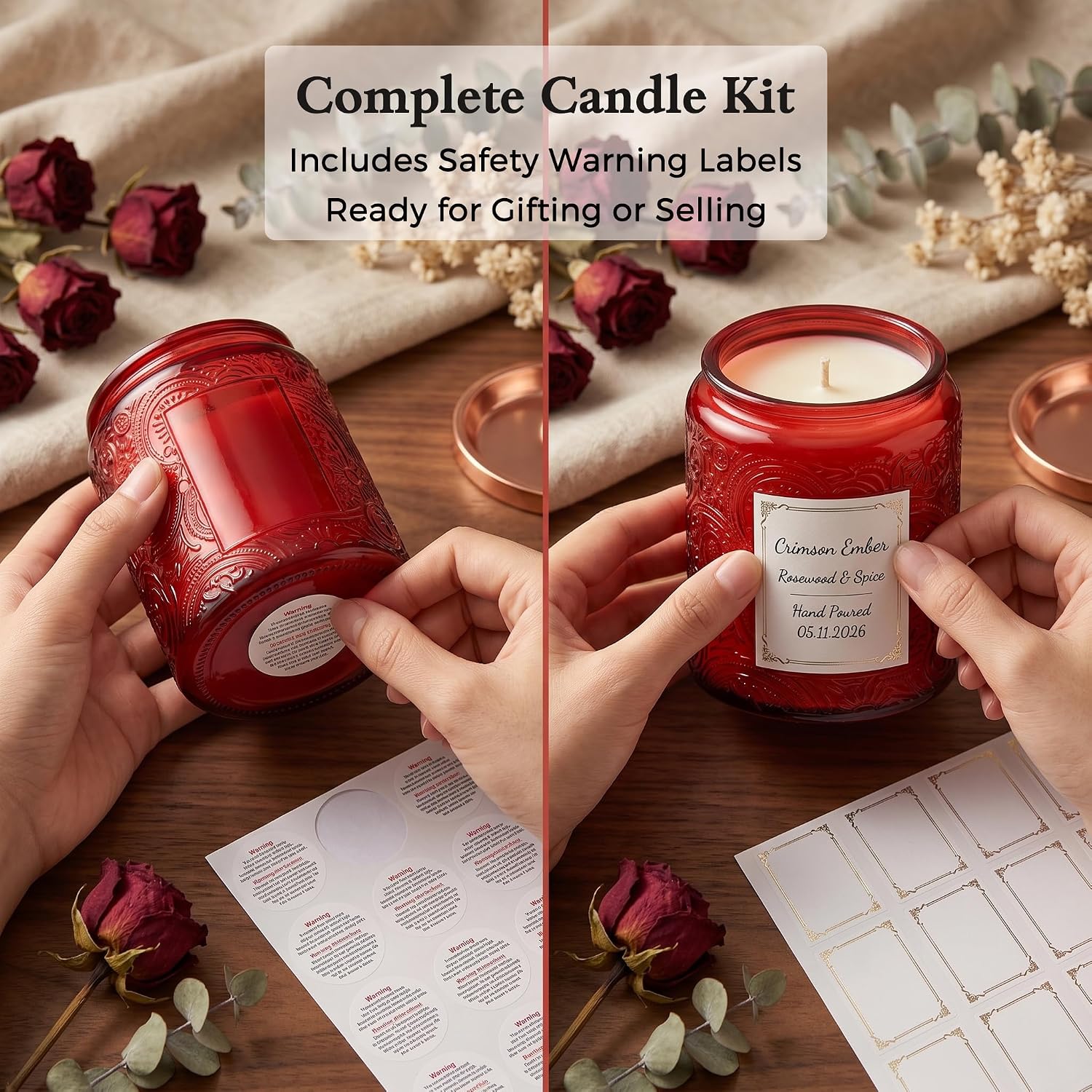 8 oz Red Sun Moon Stars Candle Jars with Metal Lids, 9 Pack | Patented Embossed Design, Includes Wick Centering Devices & Warning Labels, Multiple Color Options