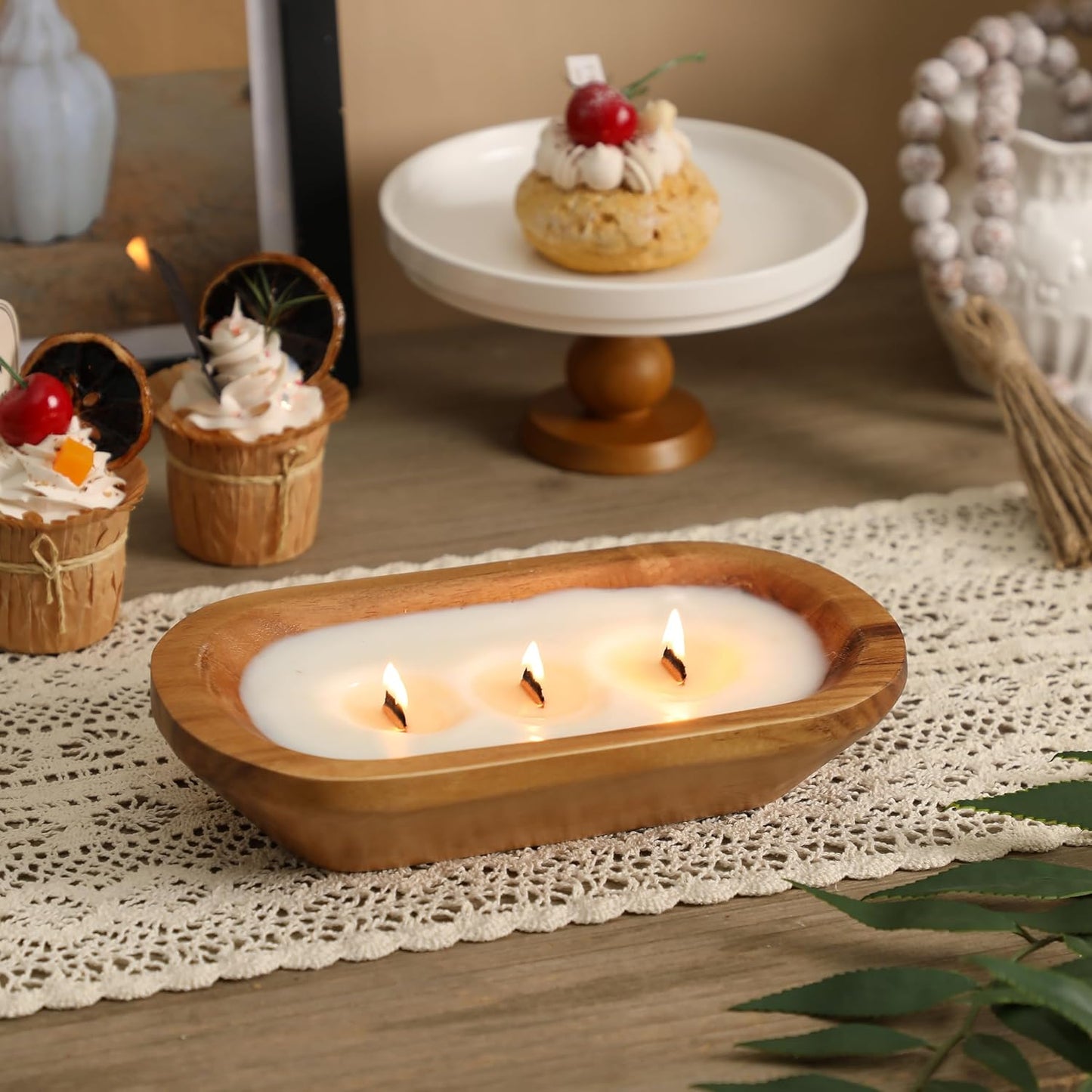 Wooden Bowl Candle 10 Inch, Soy Large Farmhouse Candle for Table, Vanilla Spice Scented, 3 Wood Wicks, Christmas Candle Gifts for Men & Women