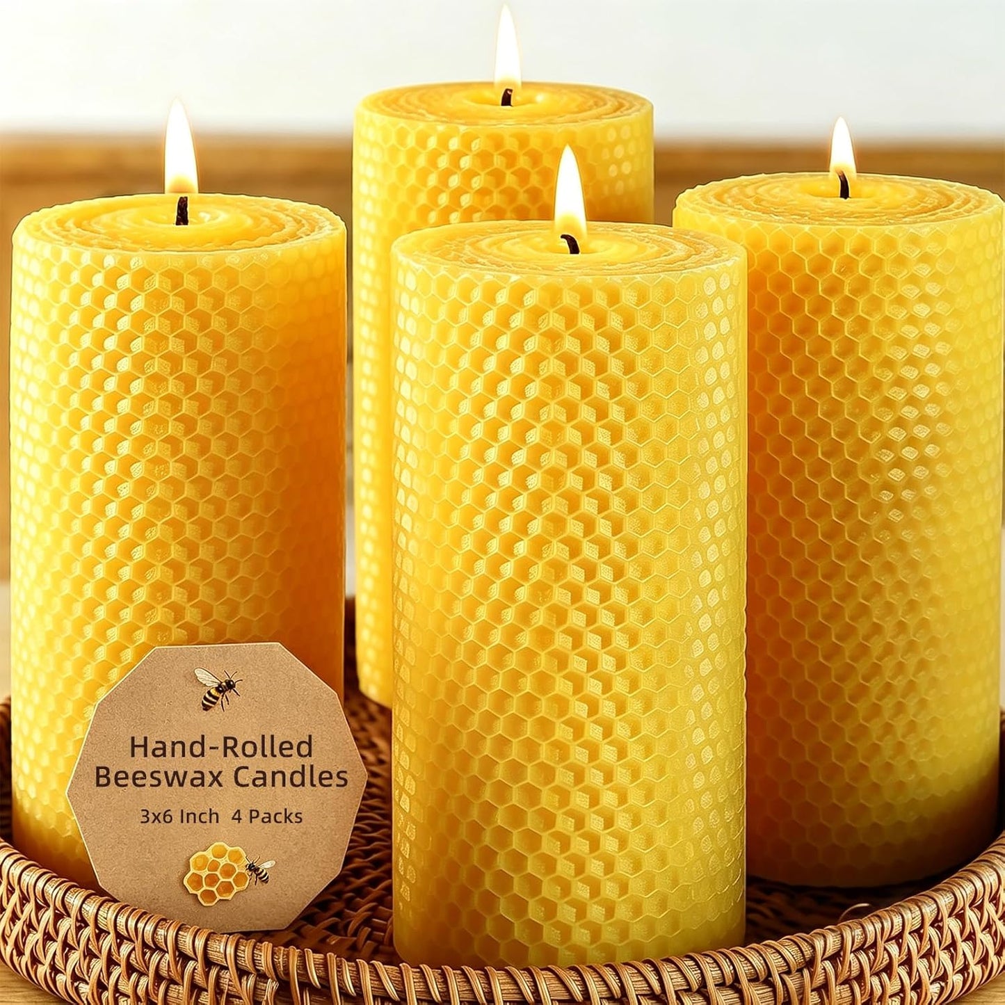 Beeswax Candles 3x6 Inch, 4 Pack Beeswax Pillar Candles for Home, 45 Hours Burn Time Natural Pure Bees Wax Candle for Air Purify, Gift Sending Meditation