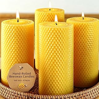 Beeswax Candles 3x6 Inch, 4 Pack Beeswax Pillar Candles for Home, 45 Hours Burn Time Natural Pure Bees Wax Candle for Air Purify, Gift Sending Meditation