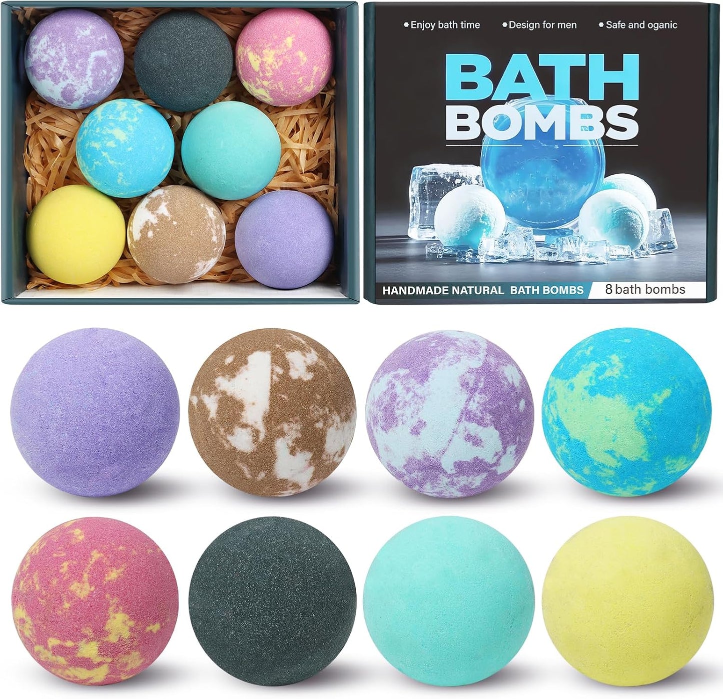 Bath Bombs for Men and Women, Gifts Set for Women & Men with Strong Scented Handmade Organic Bath Bombs Set, Natural Essential Oils, 8 Pack Relaxing Gifts, Mother's Day Birthday Gifts