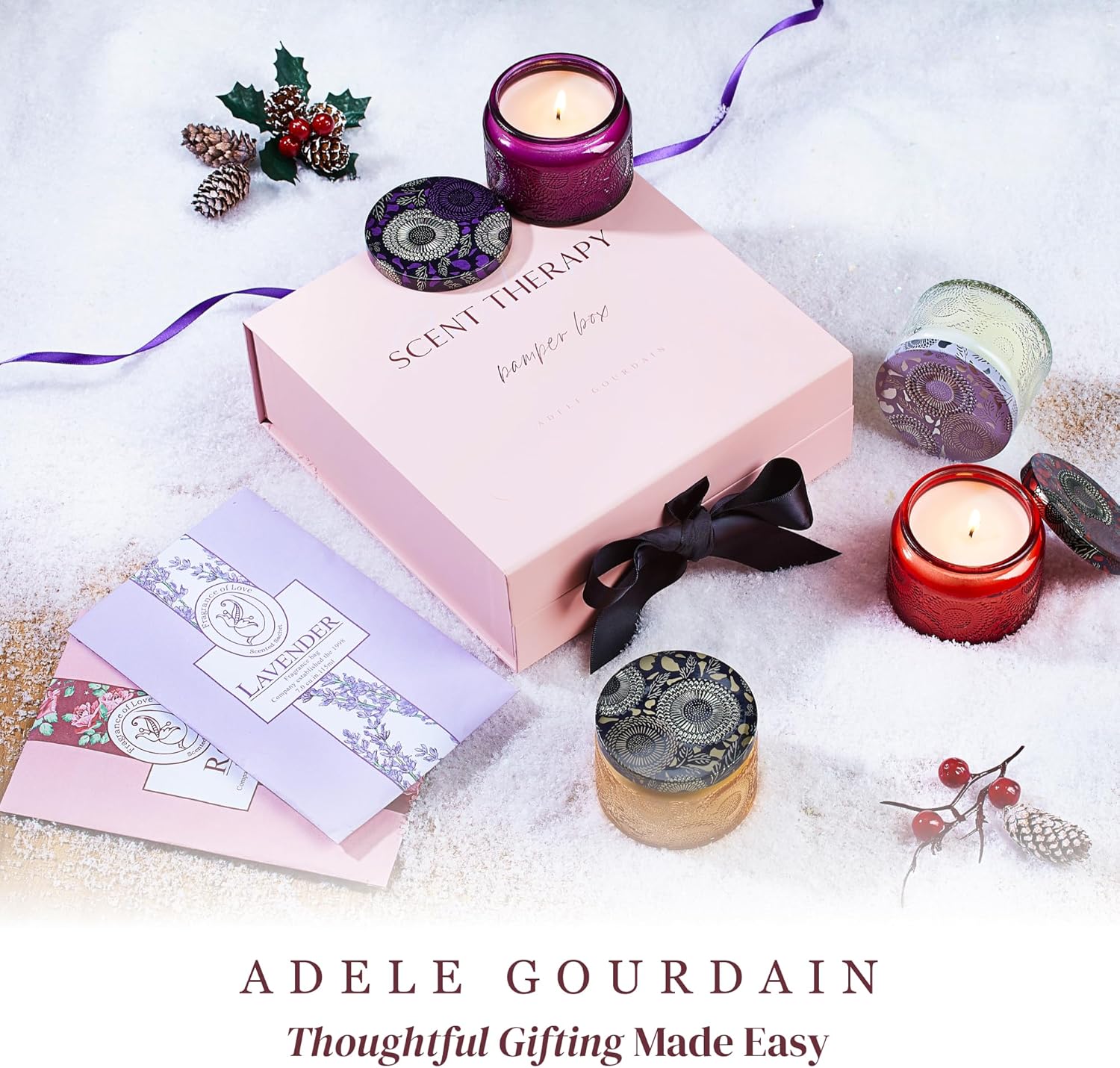 ADELEGOURDAIN Aromatherapy Scented Gift Set - 4 Soy Wax Candles & 2 Fragrance Sachets - Calming Jasmine, Bergamot, Berry & Breeze Scents in Glass Jars - Home, Bath & Relaxation Mother's Day Presents