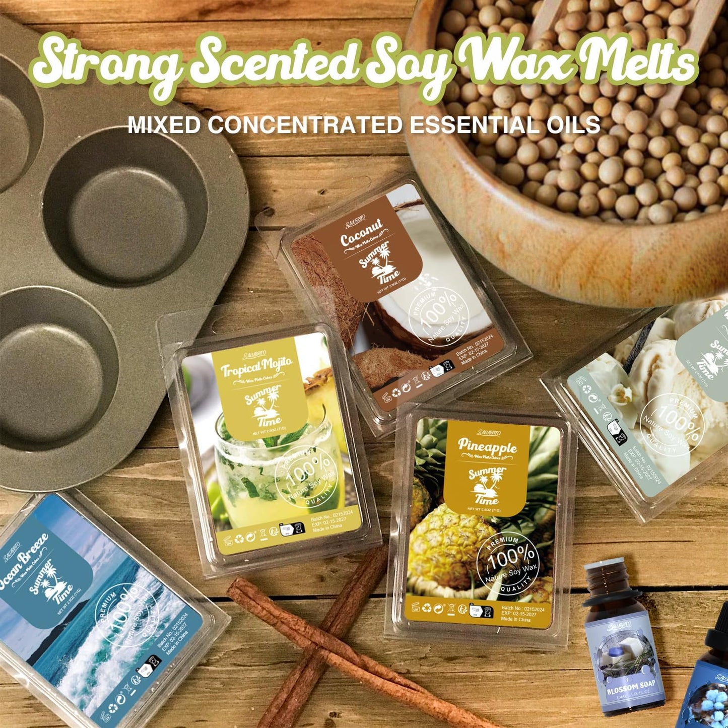 Salubrito Summer Scented Wax Melts, Strong Scented Soy Wax Cubes/Tarts Variety Gift Set, Fresh Cotton, Ocean Breeze, Mojito, Pink Island, Coconut, Pineapple, Vanilla Cream, Strawberry, 8x2.5oz