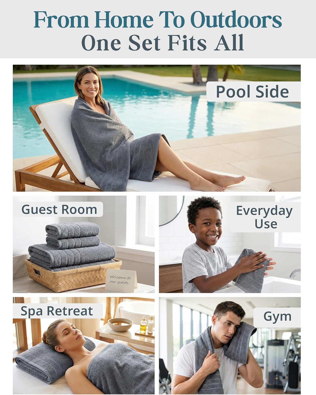 24-Piece Premium Towel Sets for Bathroom - 100% Cotton Bath Towels, 2 Bath Sheet, 2 Gym Towels, 2 Bath, 4 Fingertip, 6 Hand, 8 Washcloth, Hotel & Spa-Quality Design, Soft, Easy to Wash – Cool Grey