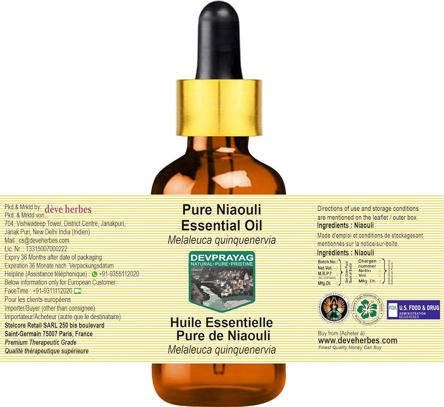 Niaouli Essential Oil (Melaleuca quinquenervia) with Glass Dropper | Pure | Non-Sticky | Non-Greasy | Lightweight | Men & Women | All Skin Types | Steam Distilled 15ml (0.5 oz)