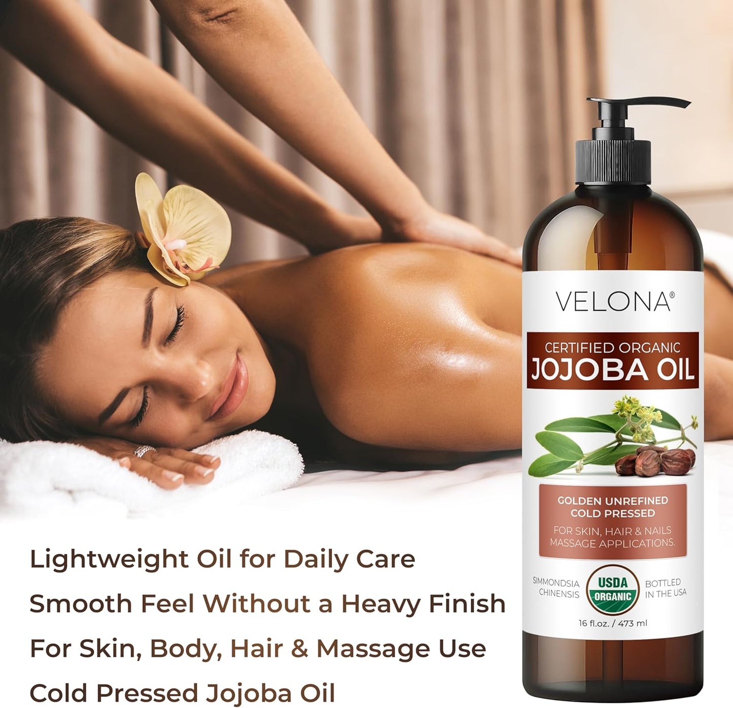 velona Jojoba Oil USDA Certified Organic - 16 fl oz (With Pump) | 100% Pure and Natural | Golden, Unrefined, Cold Pressed, Hexane Free | Moisturizing Face, Hair, Body, Skin Care