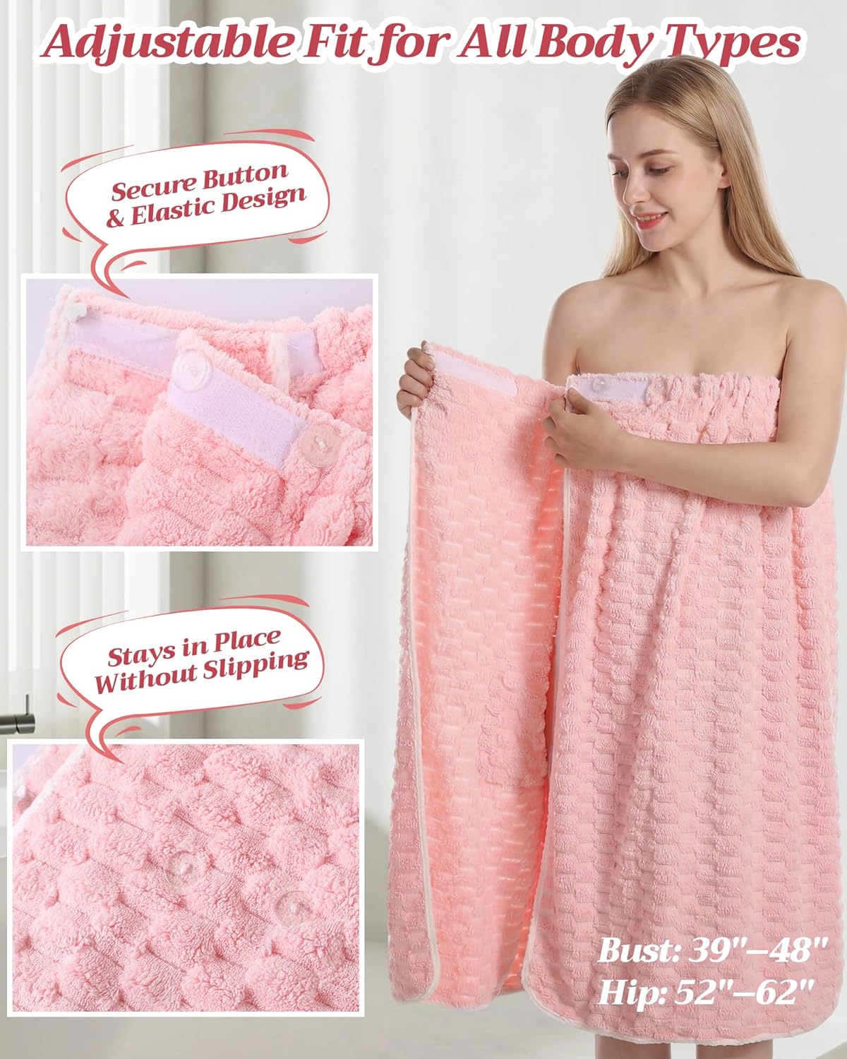 Gilprop Women's Towel Wrap with Large Hair Towel, Adjustable Button Closure Spa Shower Robe, Quick Dry Absorbent Microfiber Bathrobe, Pink Body and Hair Wraps Set for Home Hotel Pool Travel Beach
