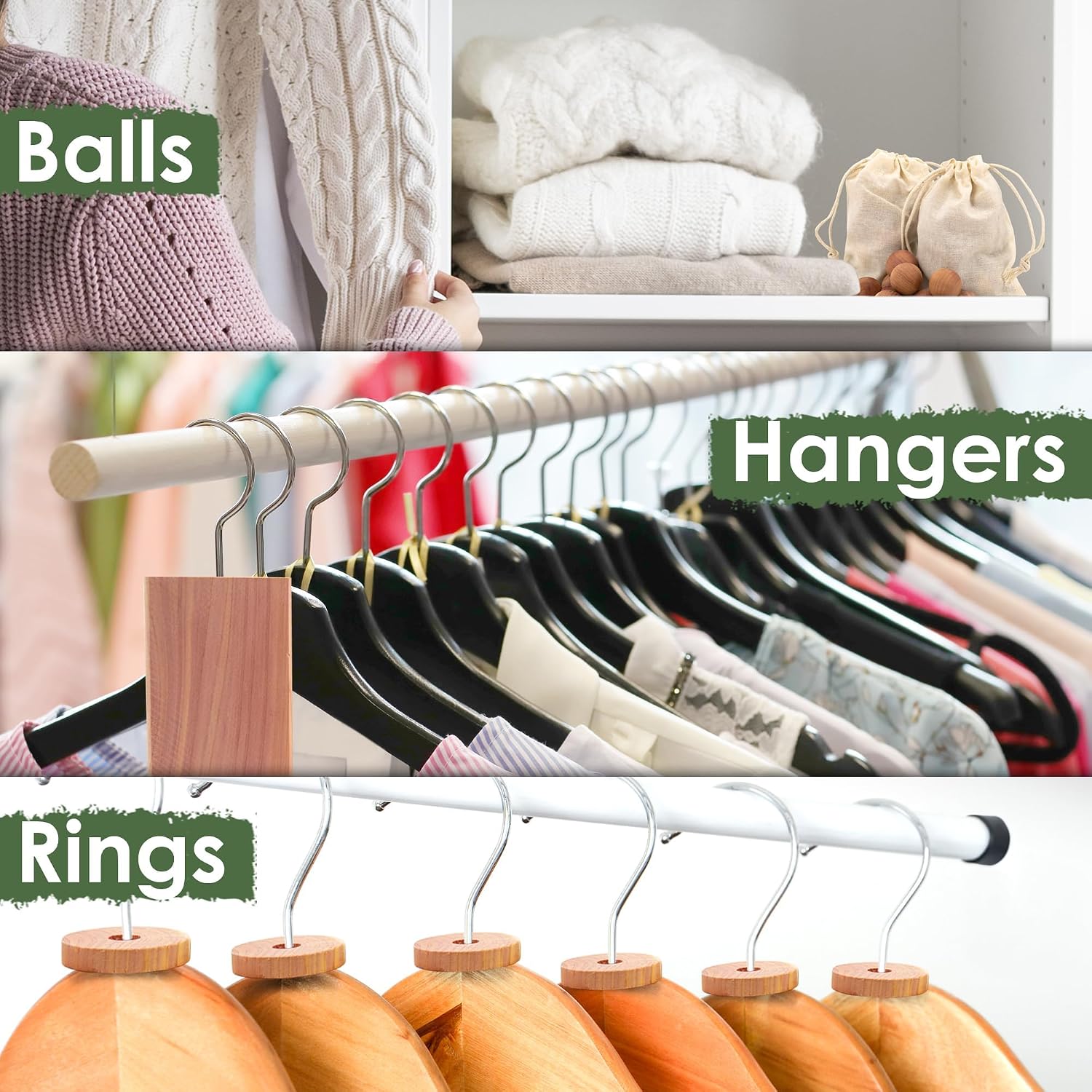 ecoKiwi Cedar Blocks for Clothes Storage Mini Bundle Box - Cedar Hangers x6, Balls x16 & Rings x12-100% Natural Oil Planks & Chips for Closets & Drawers - Aromatic Red Cedar Wood with Sandpaper