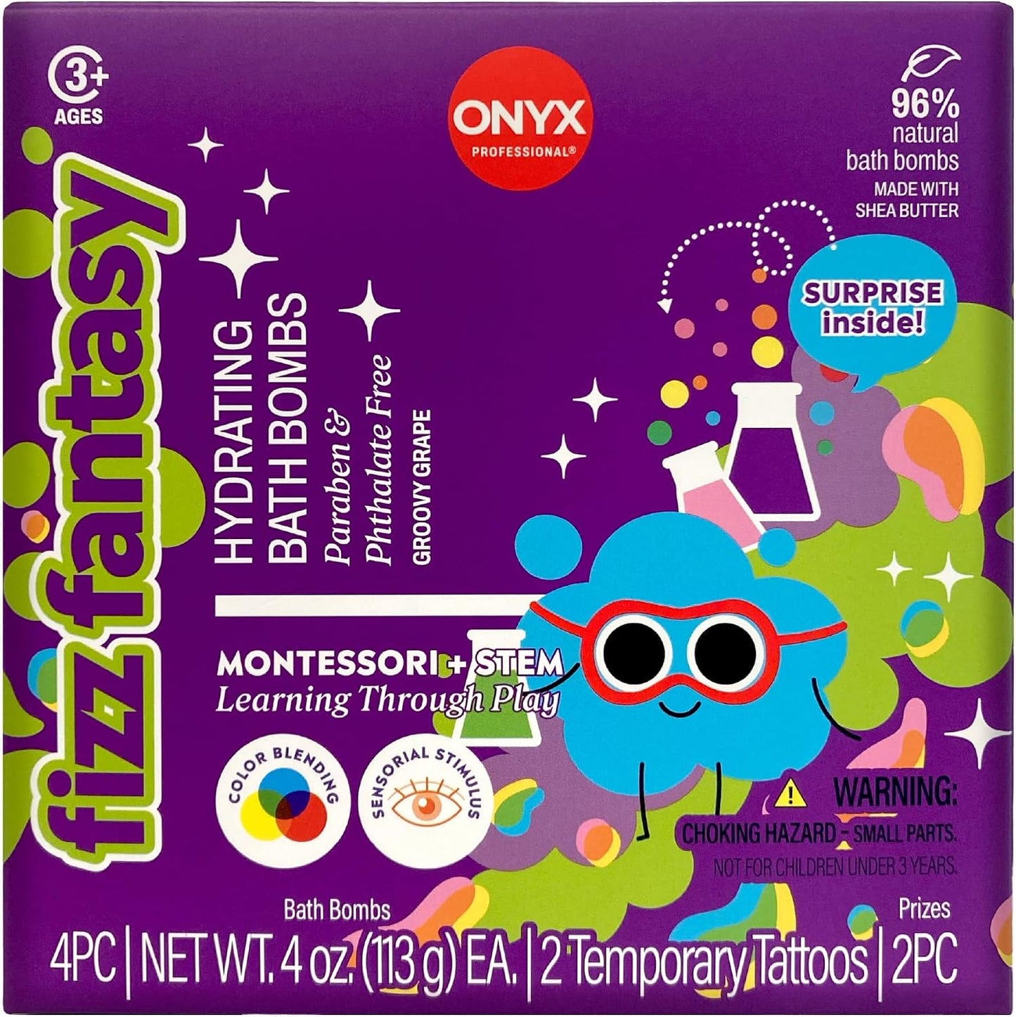 ONYX Professional Fizz Fantasy Bath Bomb for Kids, Groovy Grape Scented | Natural Kids Bath Bombs with Surprise Toy or Tattoo | Montessori & STEM Inspired Bath Play, 4 Count