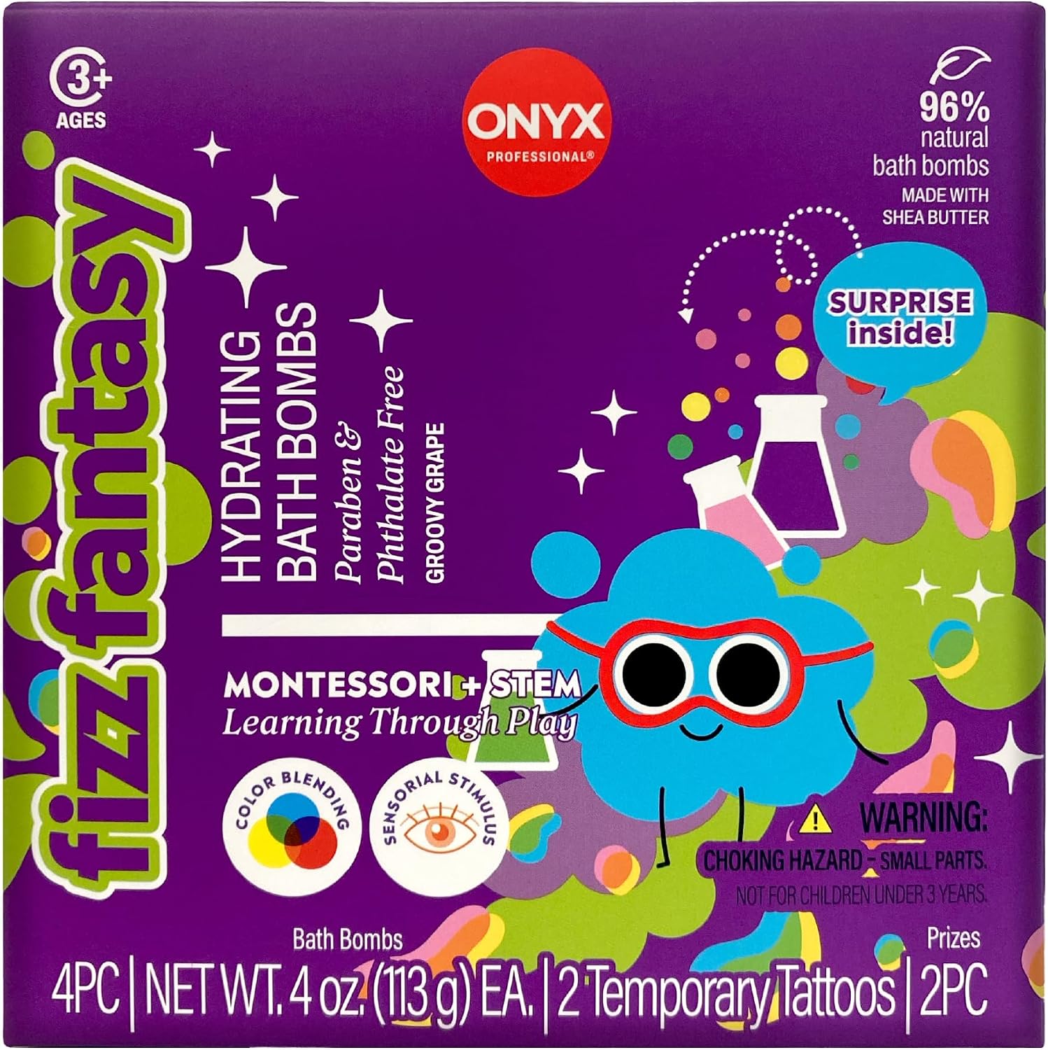 ONYX Professional Fizz Fantasy Bath Bomb for Kids, Groovy Grape Scented | Natural Kids Bath Bombs with Surprise Toy or Tattoo | Montessori & STEM Inspired Bath Play, 4 Count