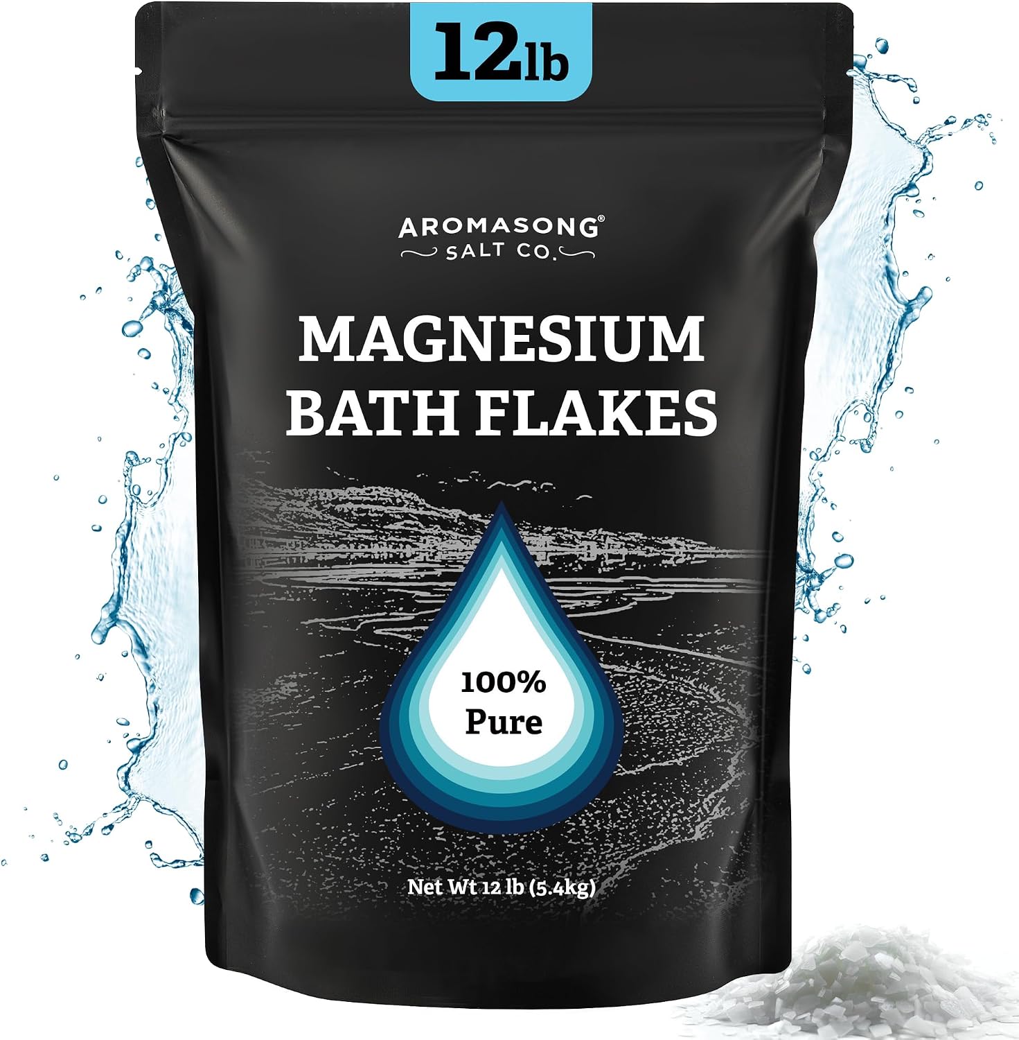 Aromasong Magnesium Flakes from The Dead Sea, 12 LB Resealable Black Bag - Muscle Relaxing Magnesium Chloride Bath Salts Soak for Headaches, Stress & Leg Discomfort